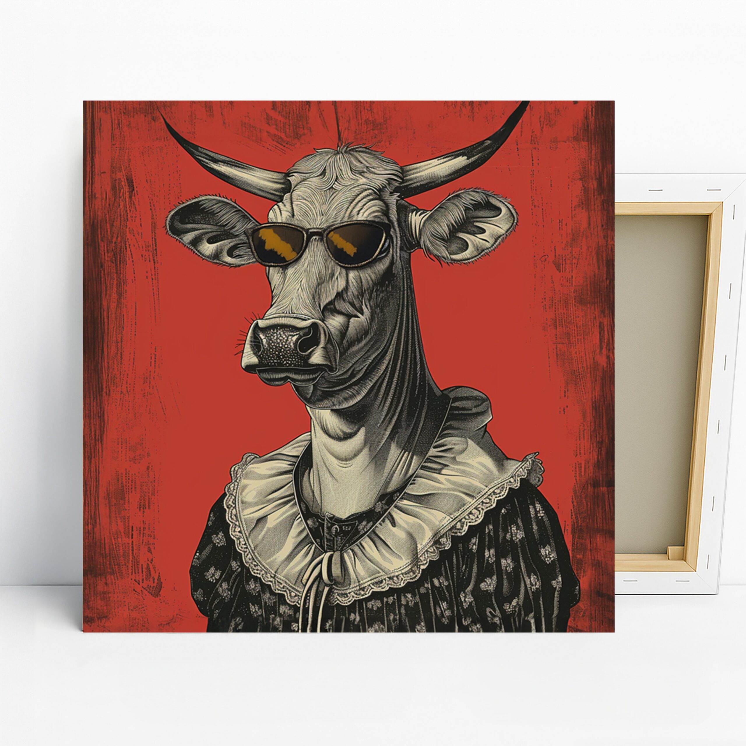 Cool Cow Art, Canvas or Poster, Pop Art Whimsical Decor, Living Room Office Bedroom Wall Art, Red Black White and Yellow