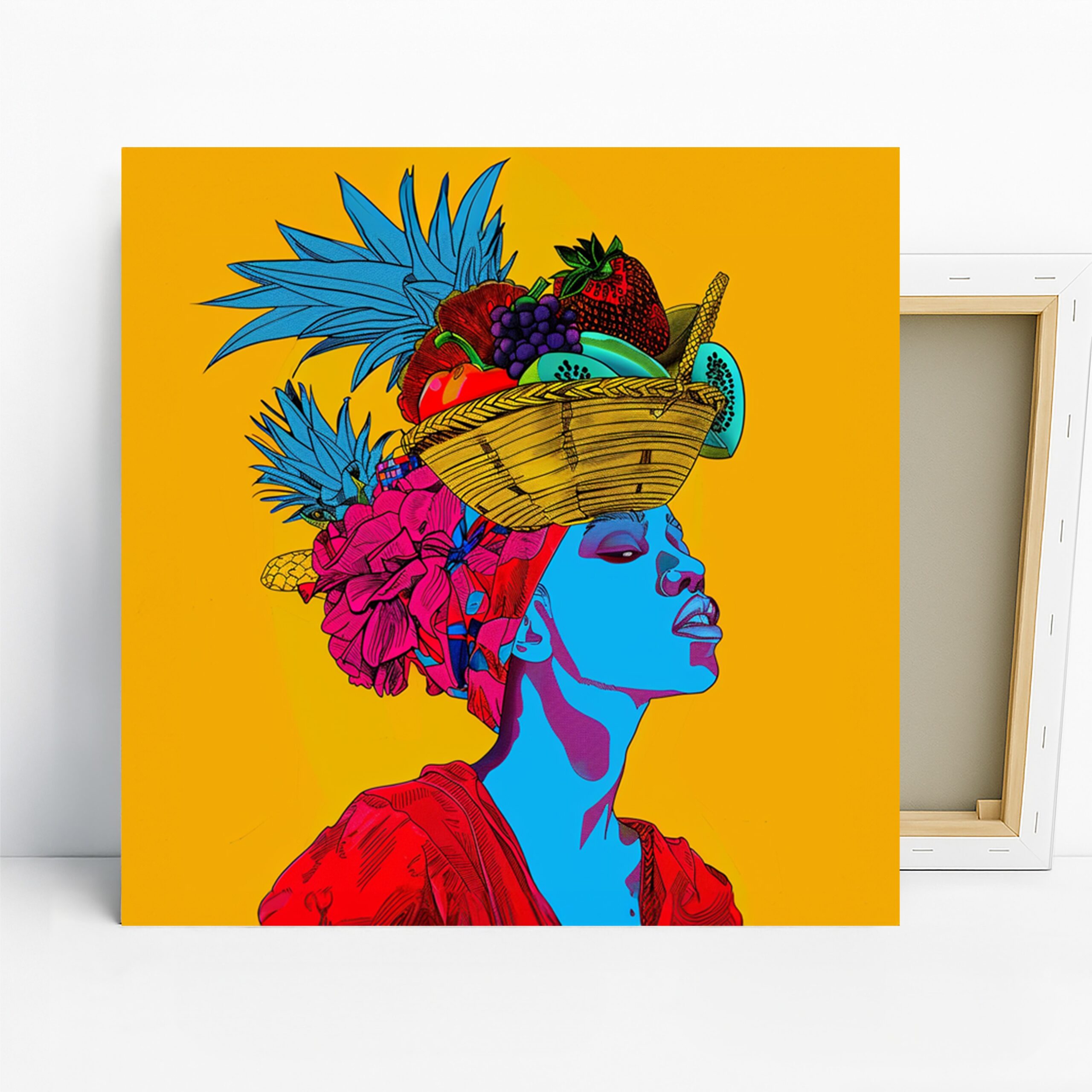 Tropical Fruit Hat Art, Canvas or Poster, Pop Art Bohemian Decor, Living Room Kitchen Office Wall Art, Blue Yellow Red Pink Colorful