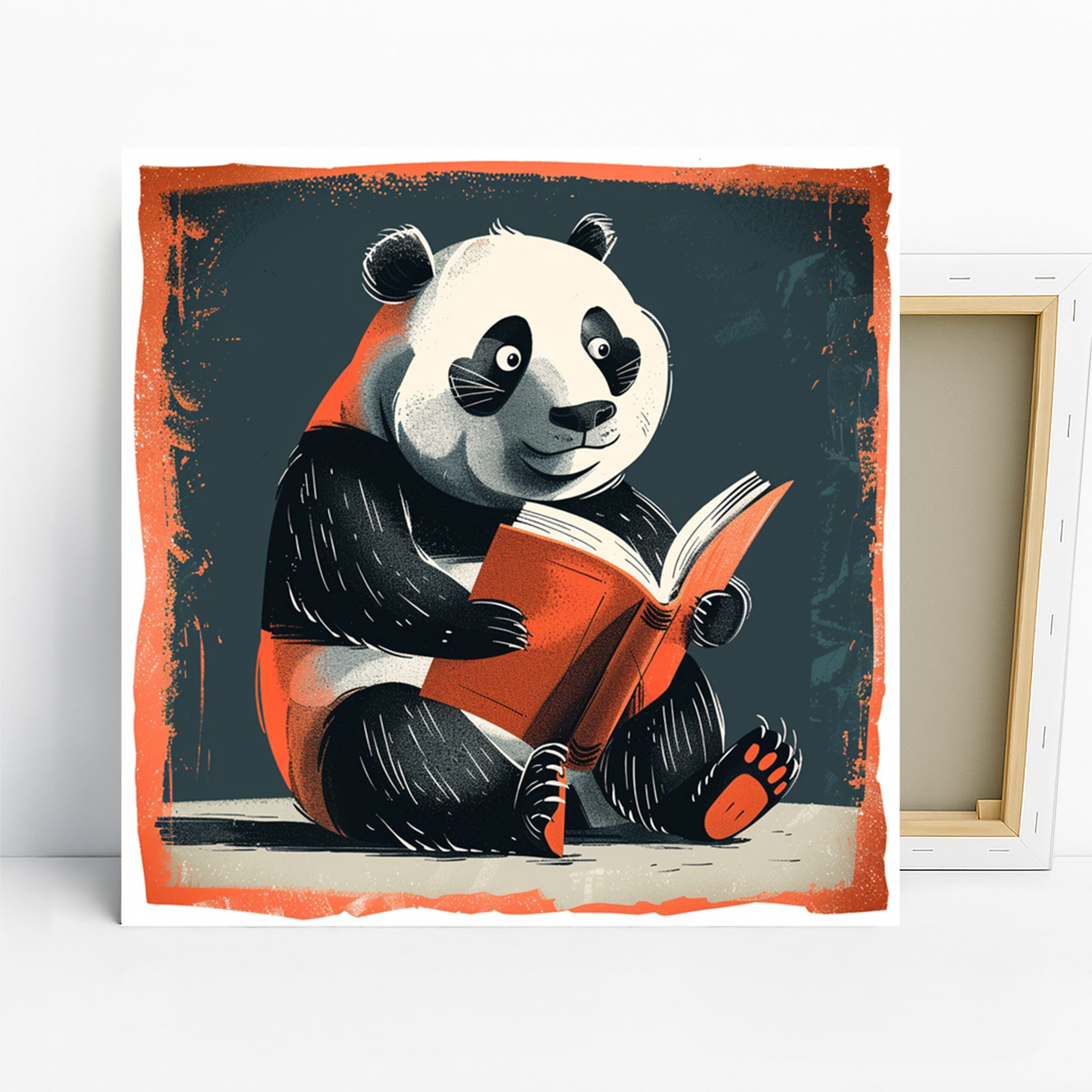 Panda Book Art, Canvas or Poster, Whimsical Contemporary Decor, Library Office Children’s Room Living Room Wall Art, Black White Orange Grey