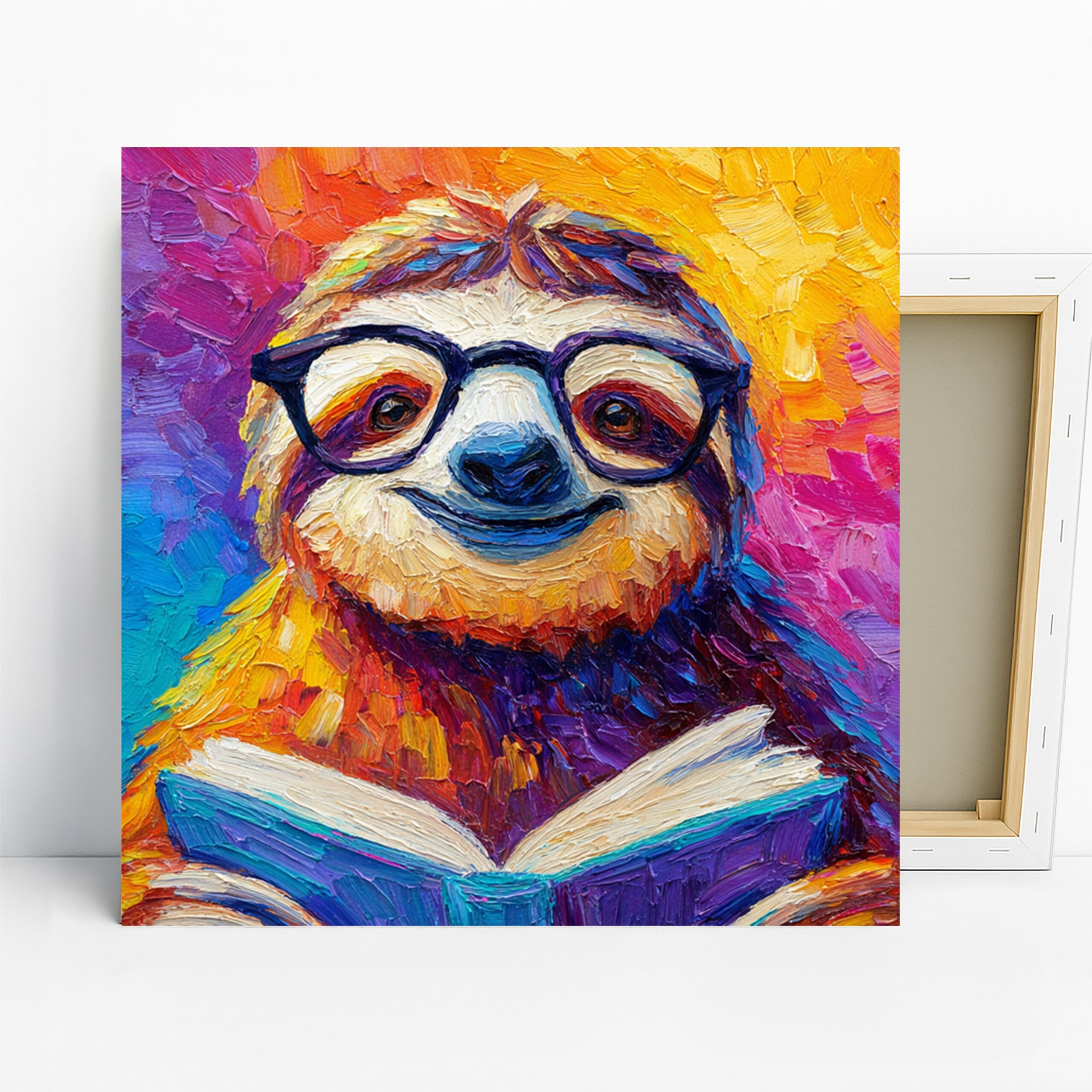 Sloth Reading Art, Canvas or Poster, Whimsical Modern Decor, Living Room Office Children’s Room Wall Art, Blue Yellow Orange Purple