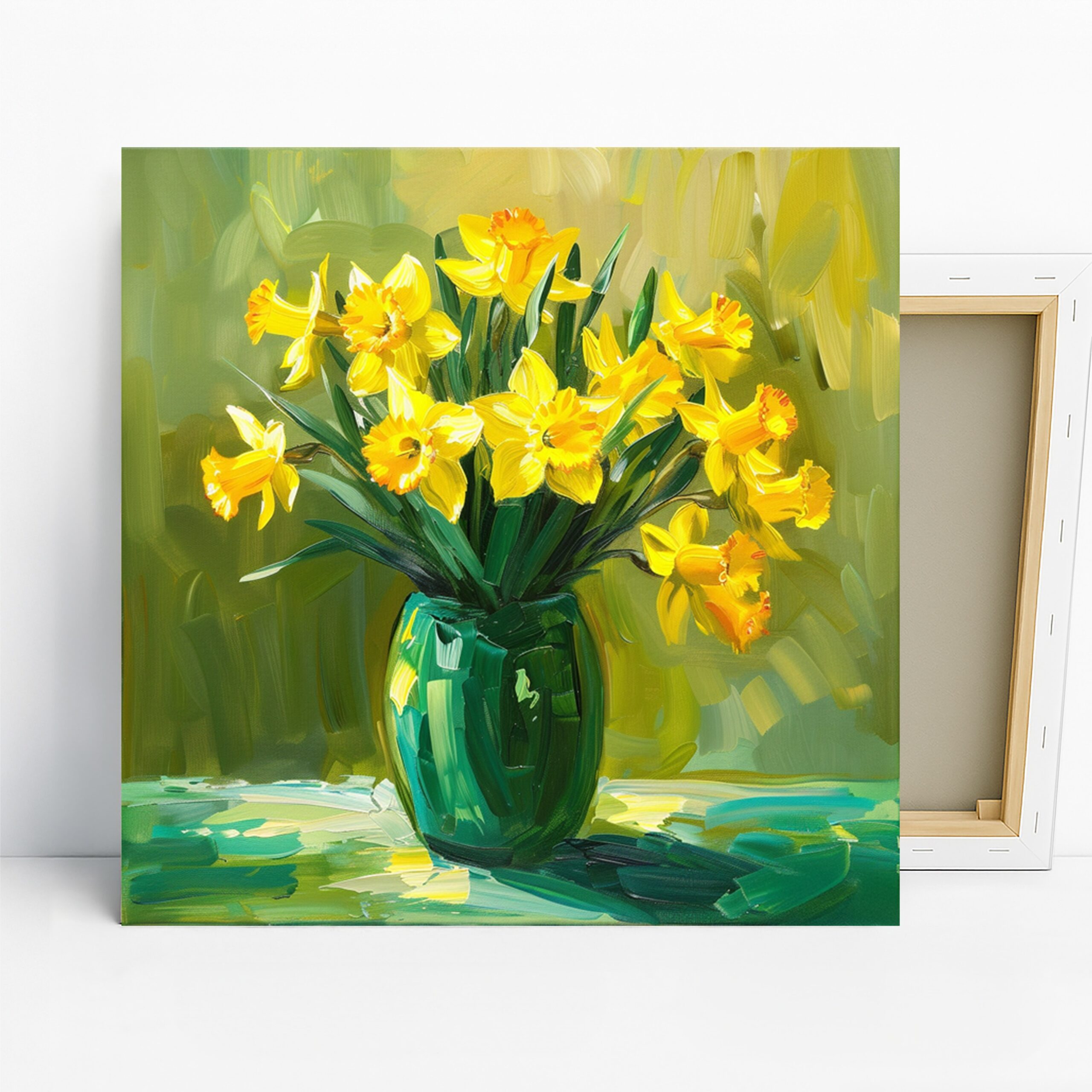 Daffodil Vase Art, Canvas or Poster, Floral Nature Decor, Living Room Dining Room Kitchen Bedroom Wall Art, Yellow Green Blue