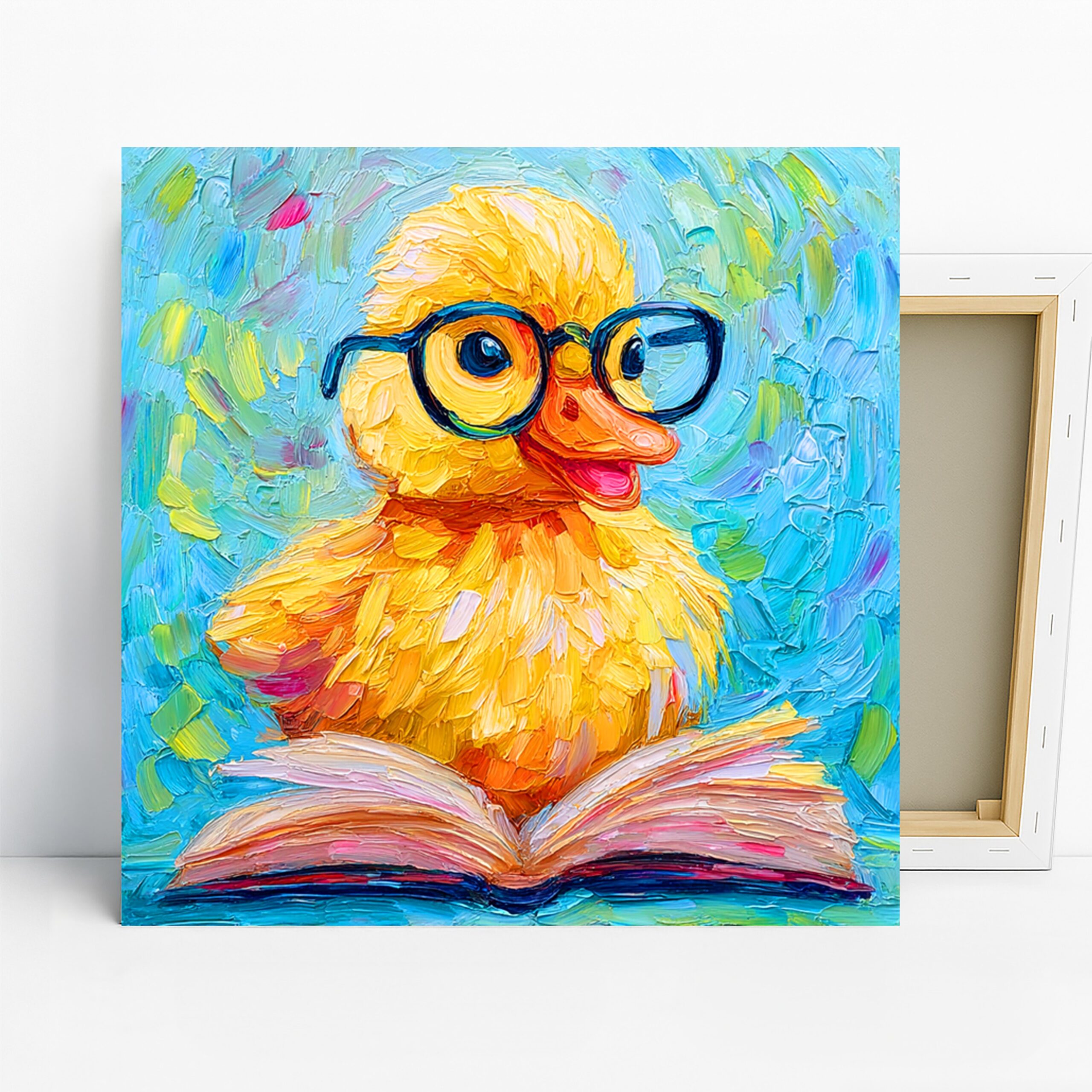 Nerdy Duck Art, Canvas or Poster, Whimsical Contemporary Decor, Office Children Room Library Living Room Wall Art, Yellow Blue Orange Black
