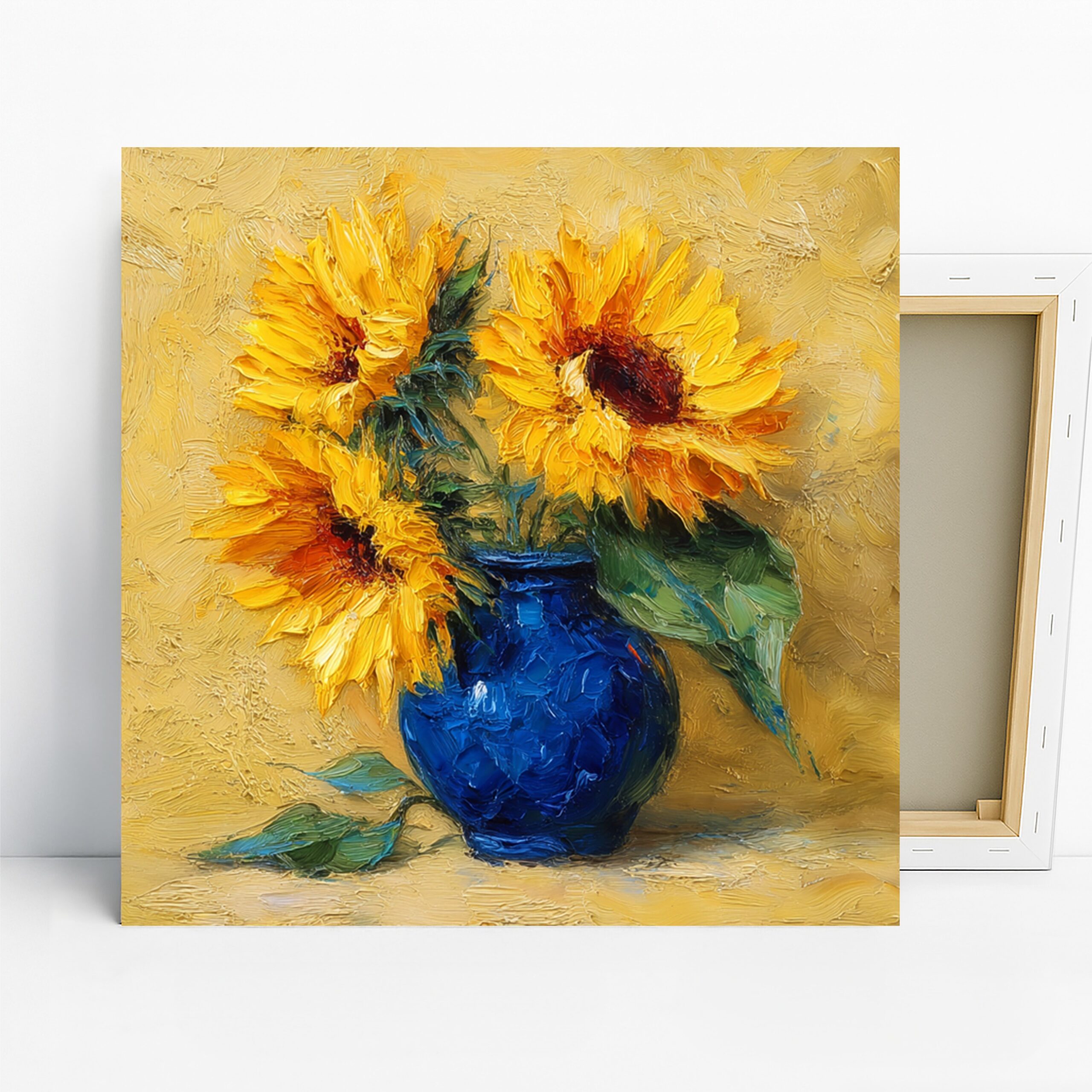 Sunflowers in Blue Vase Art, Canvas or Poster, Impressionism Rustic Decor, Dining Room Kitchen Living Room Wall Art, Yellow Blue Green Brown