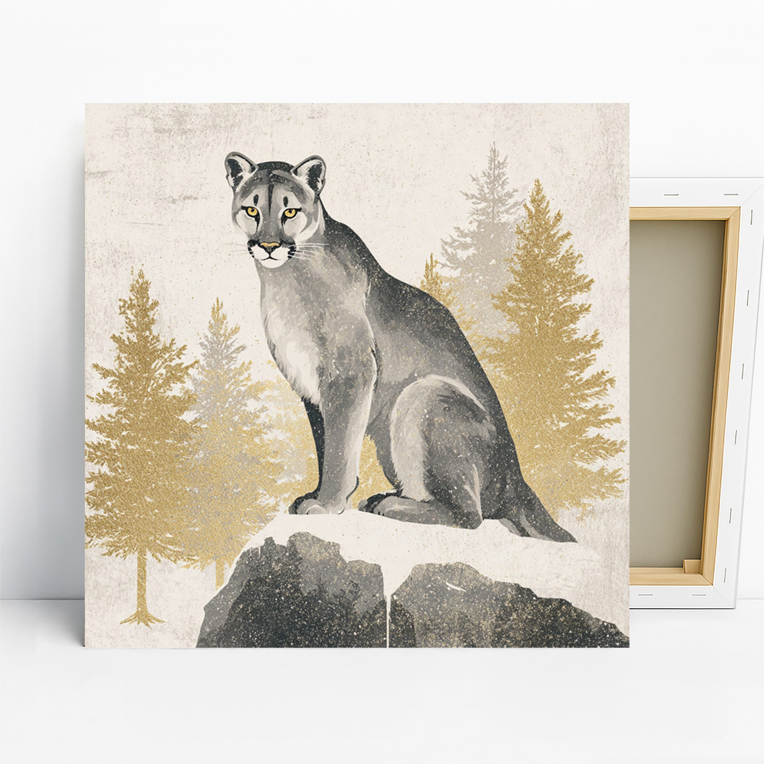 Mountain Lion Art, Canvas or Poster, Nature Contemporary Decor, Living Room Bedroom Office Wall Art, Grey Gold and White