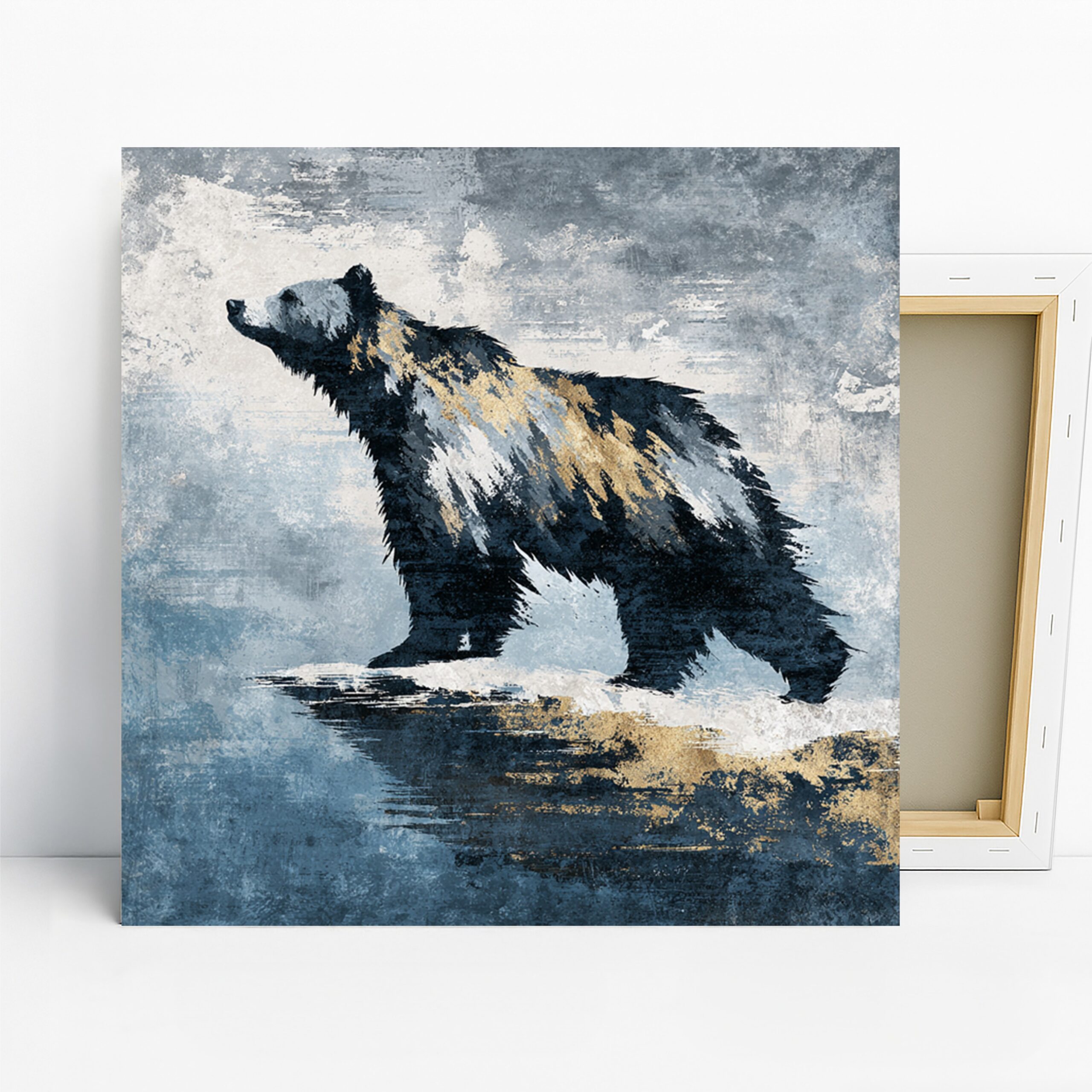 Bear Art, Canvas or Poster, Nature Contemporary Rustic Decor, Living Room Bedroom Office Dining Room Wall Art, Blue Black Gold White