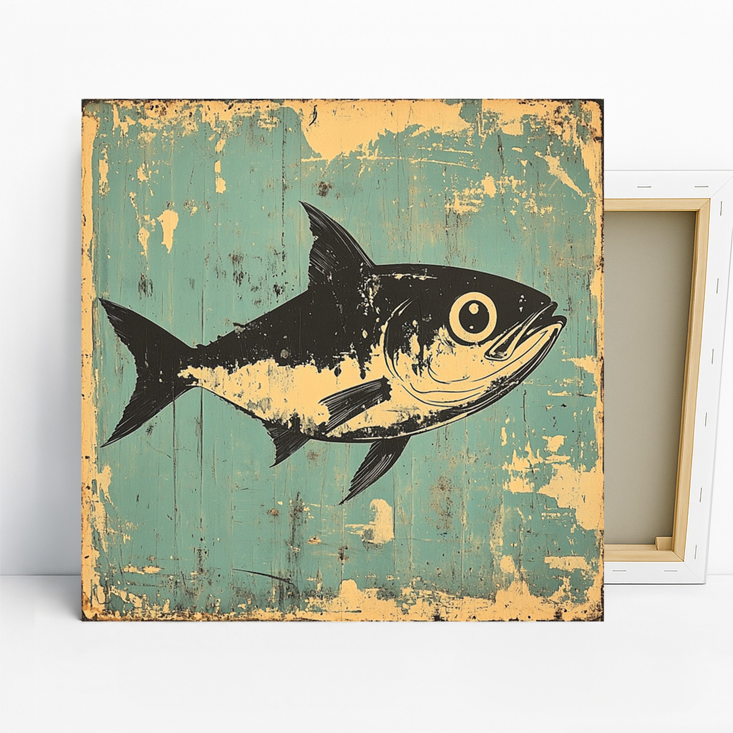 Rustic Fish Art, Canvas or Poster, Vintage Coastal Decor, Living Room Bathroom Kitchen Wall Art, Teal Black Yellow, Nautical Home Decor