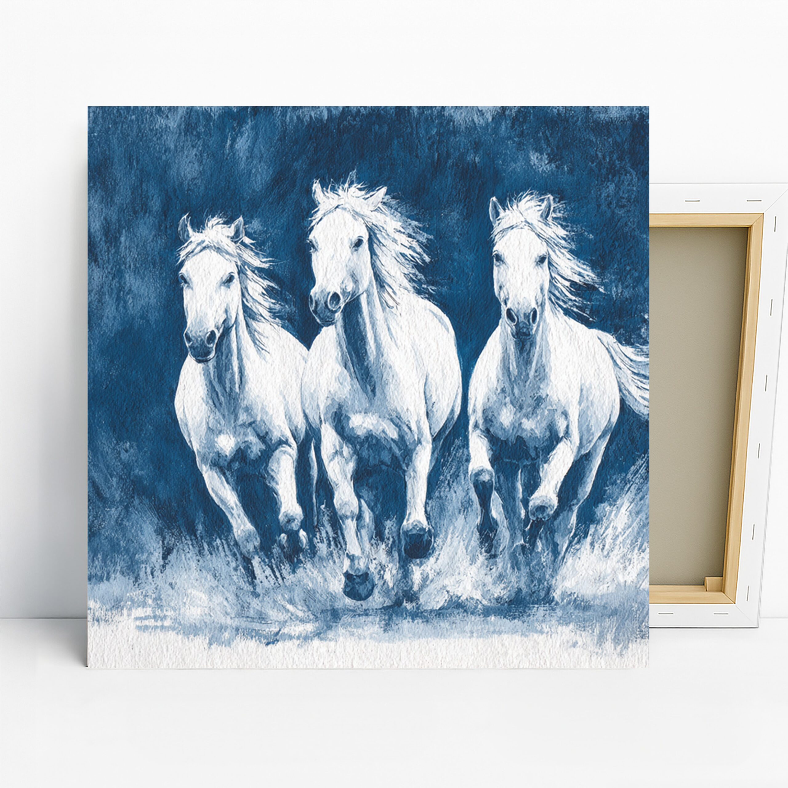 White Horses Running Art, Canvas or Poster, Contemporary Animal Decor, Living Room Bedroom Office Dining Room Wall Art, Blue Grey White