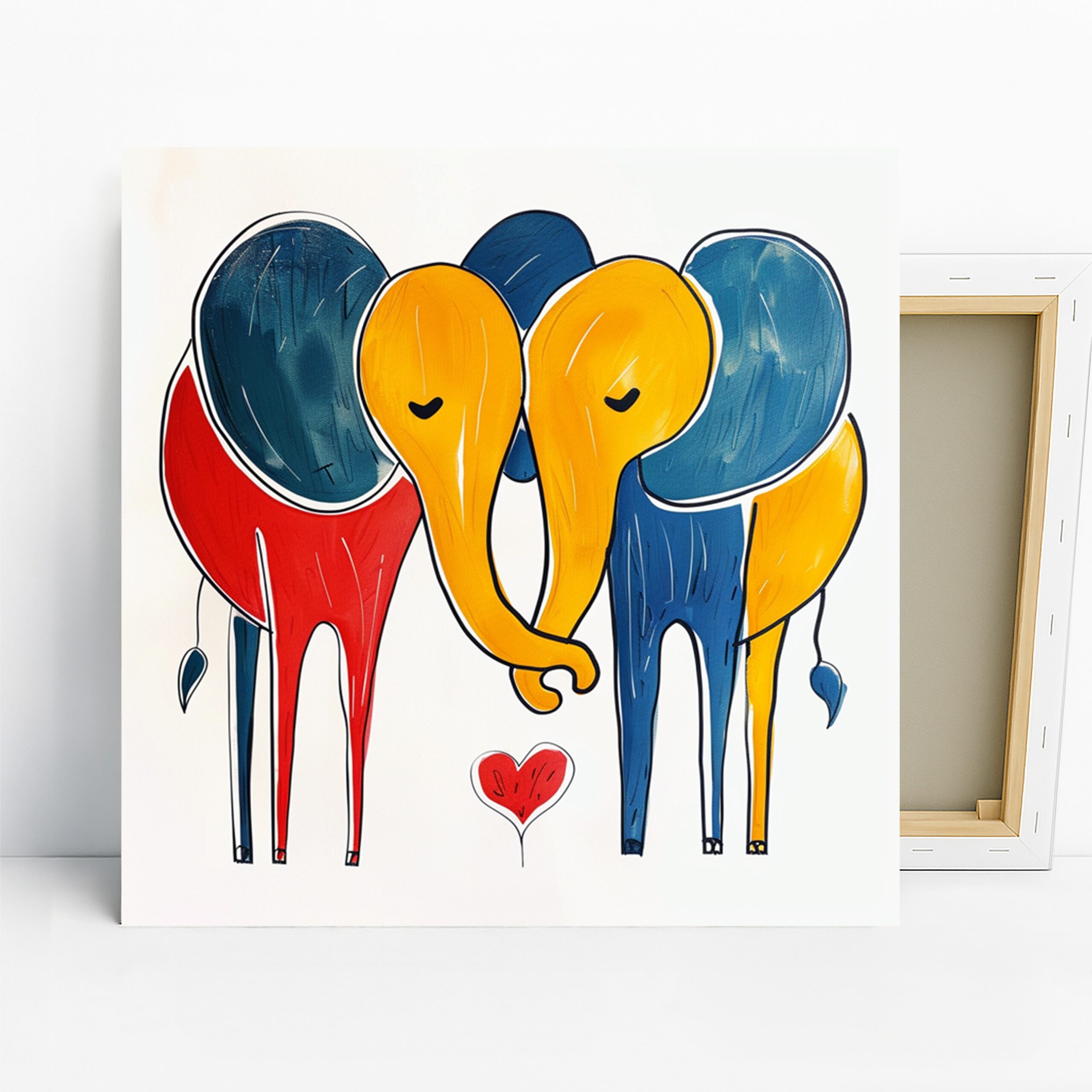 Elephant Love Art, Canvas or Poster, Whimsical Contemporary Decor, Living Room Bedroom Nursery Office Wall Art, Blue Yellow Red