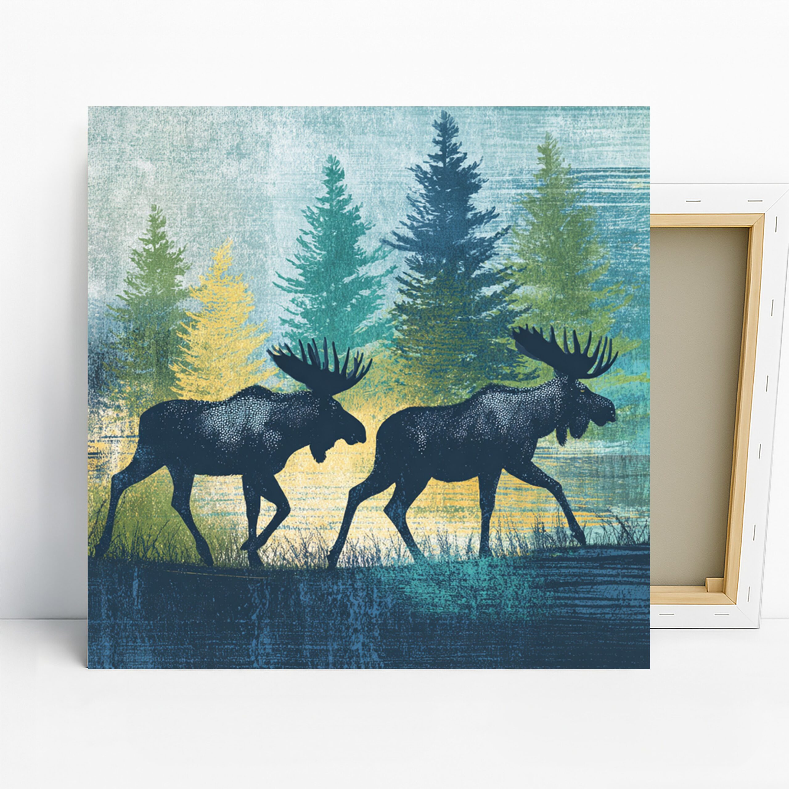 Moose Forest Art, Canvas or Poster, Contemporary Rustic Decor, Living Room Bedroom Office Wall Art, Blue Green Yellow and Black