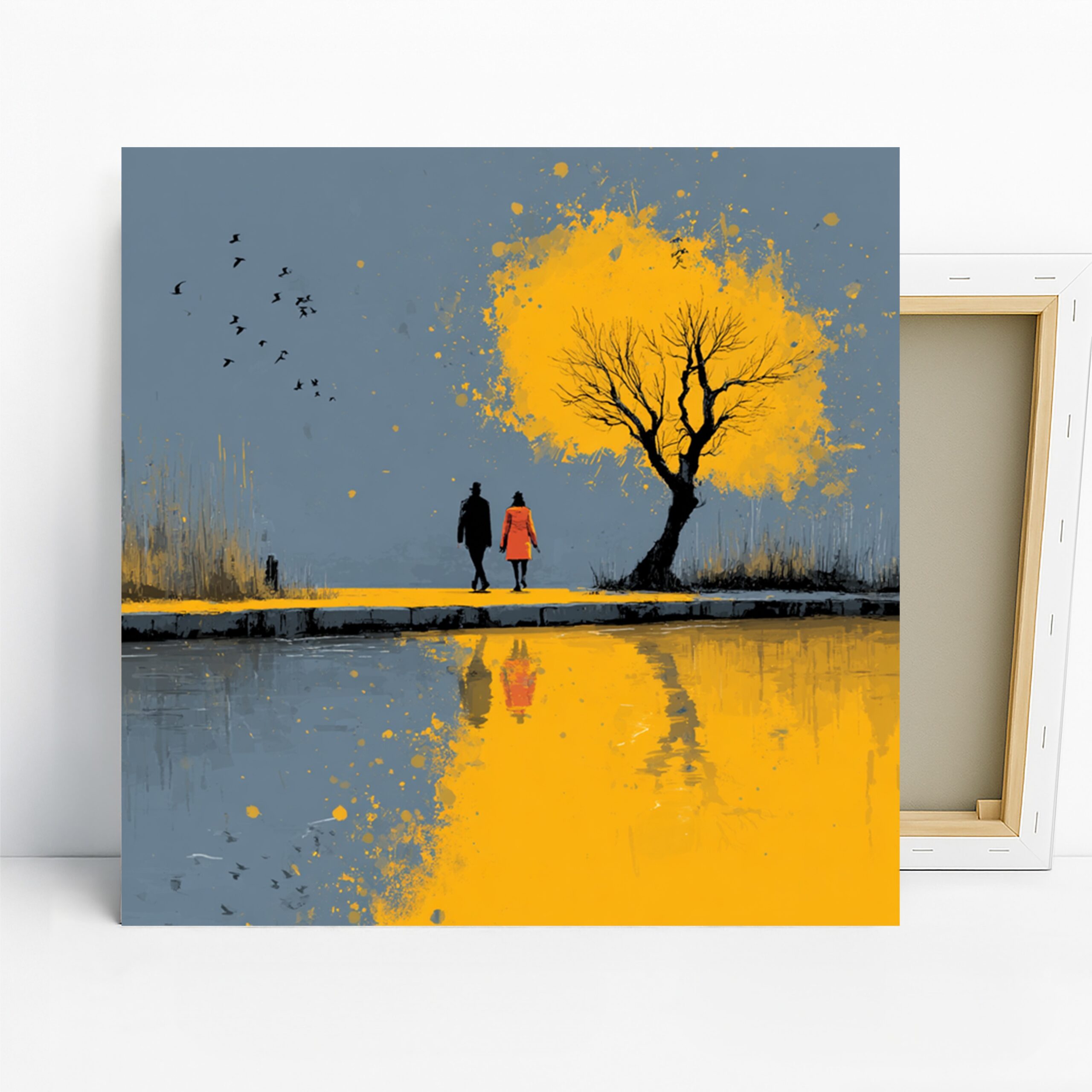 Autumn Reflection Art, Canvas or Poster, Contemporary Minimalist Decor, Living Room Bedroom Office Wall Art, Yellow Black Grey Orange Birds