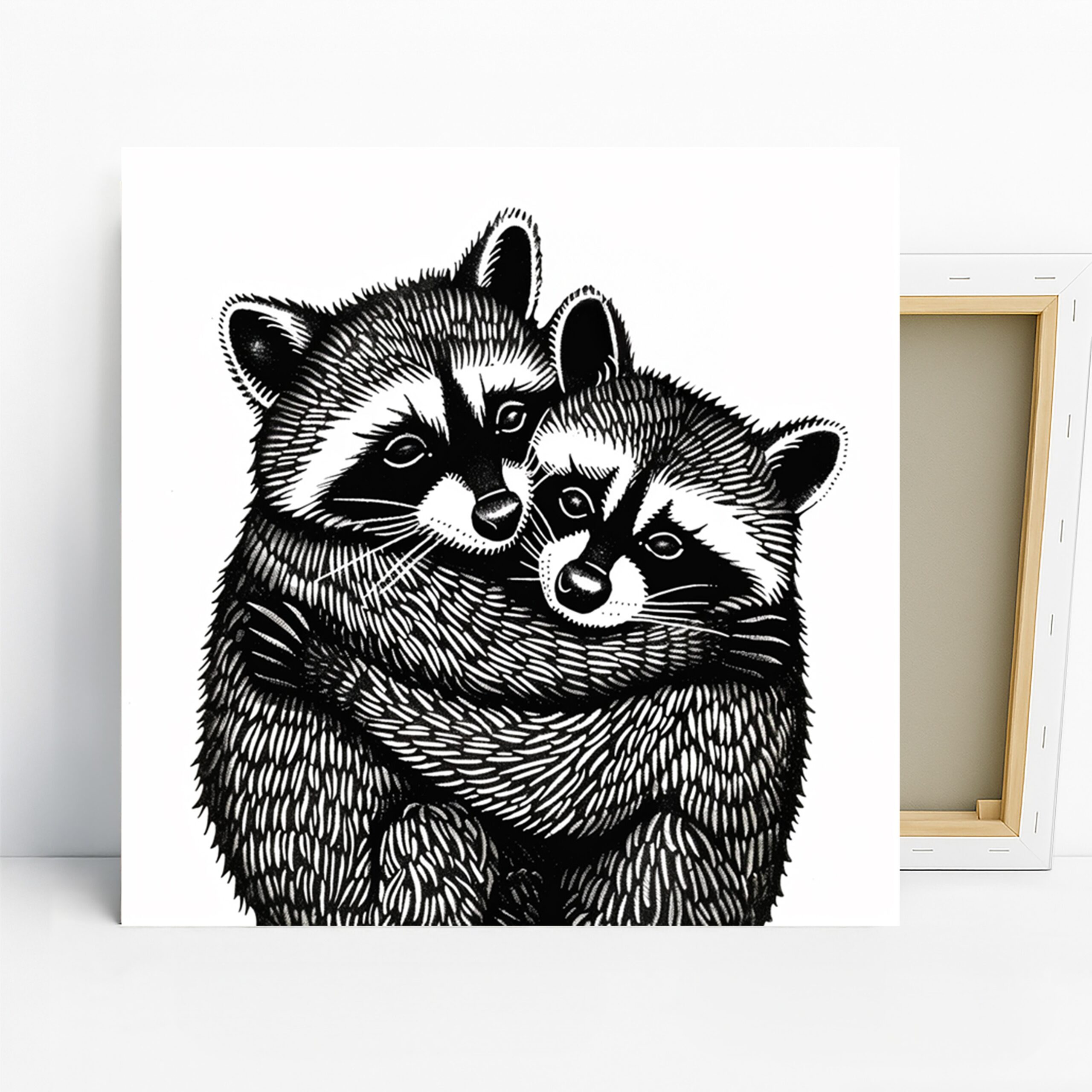 Raccoon Cuddle Art, Canvas or Poster, Whimsical Nature Decor, Living Room Bedroom Office Children’s Room Wall Art, Black and White