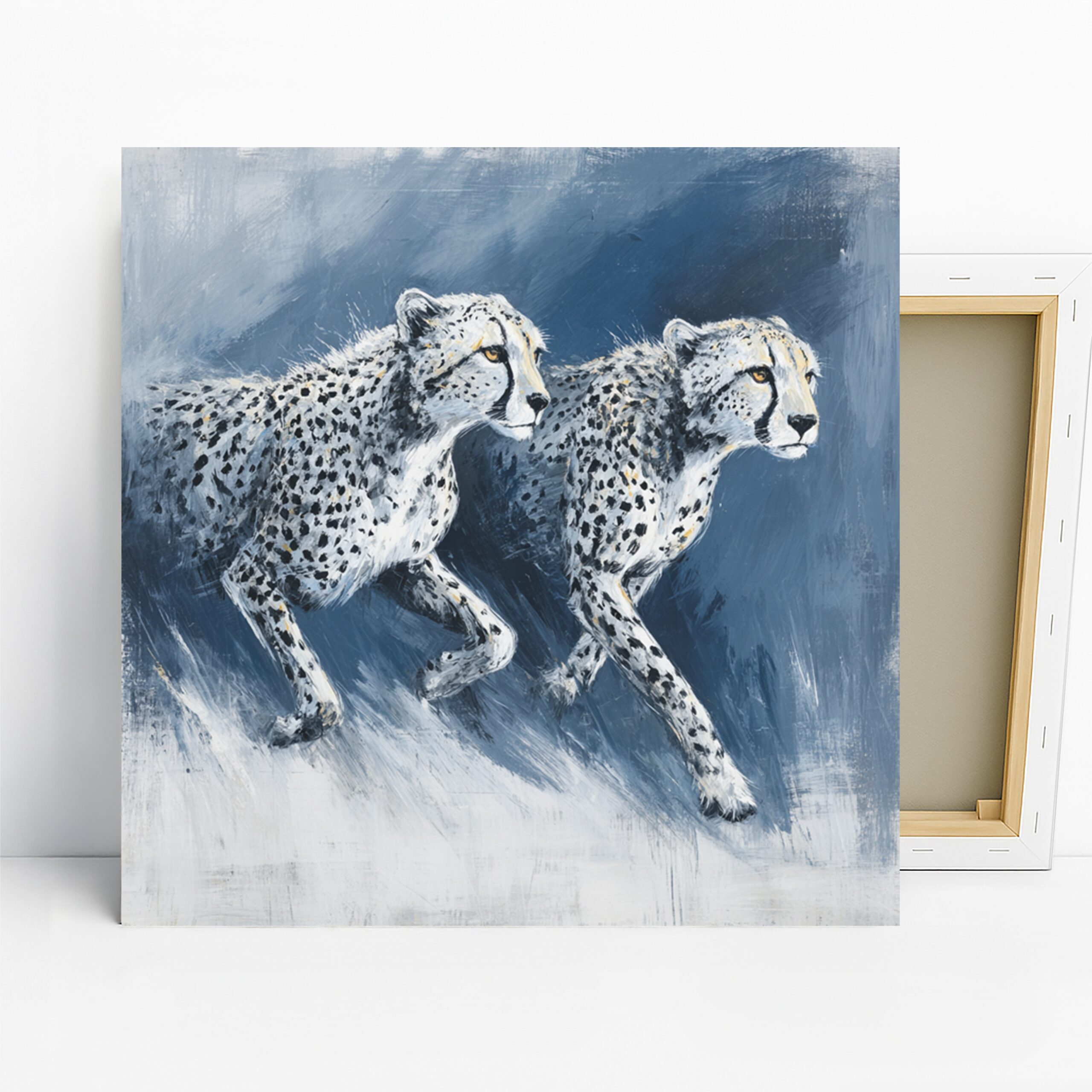 Cheetah Duo Art, Canvas or Poster, Contemporary Minimalist Decor, Living Room Bedroom Office Wall Art, Blue White Black Grey, Animal Print