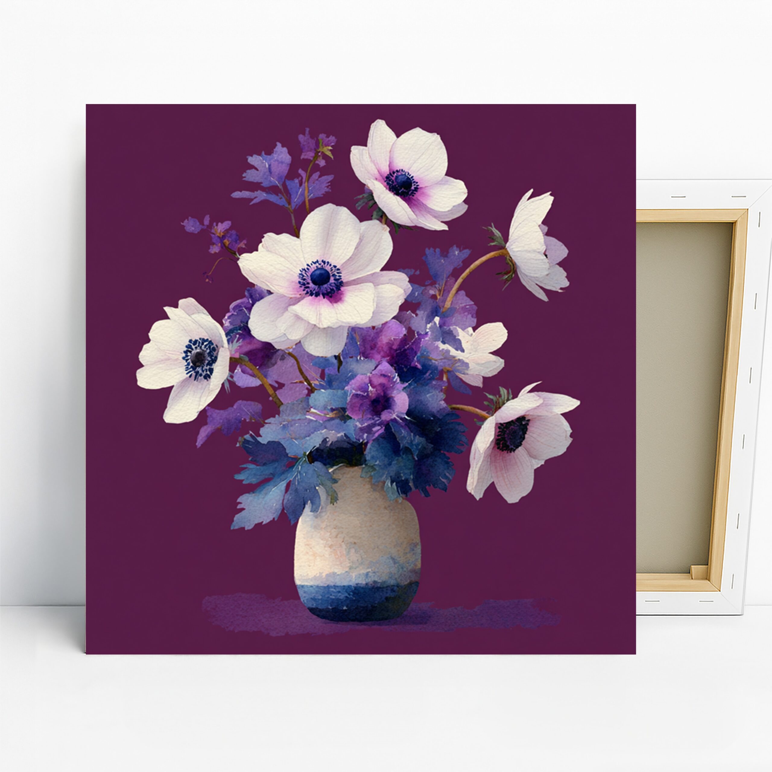 Anemone Bouquet Art, Canvas or Poster, Contemporary Floral Decor, Living Room Bedroom Office Dining Room Wall Art, Purple White Pink Blue