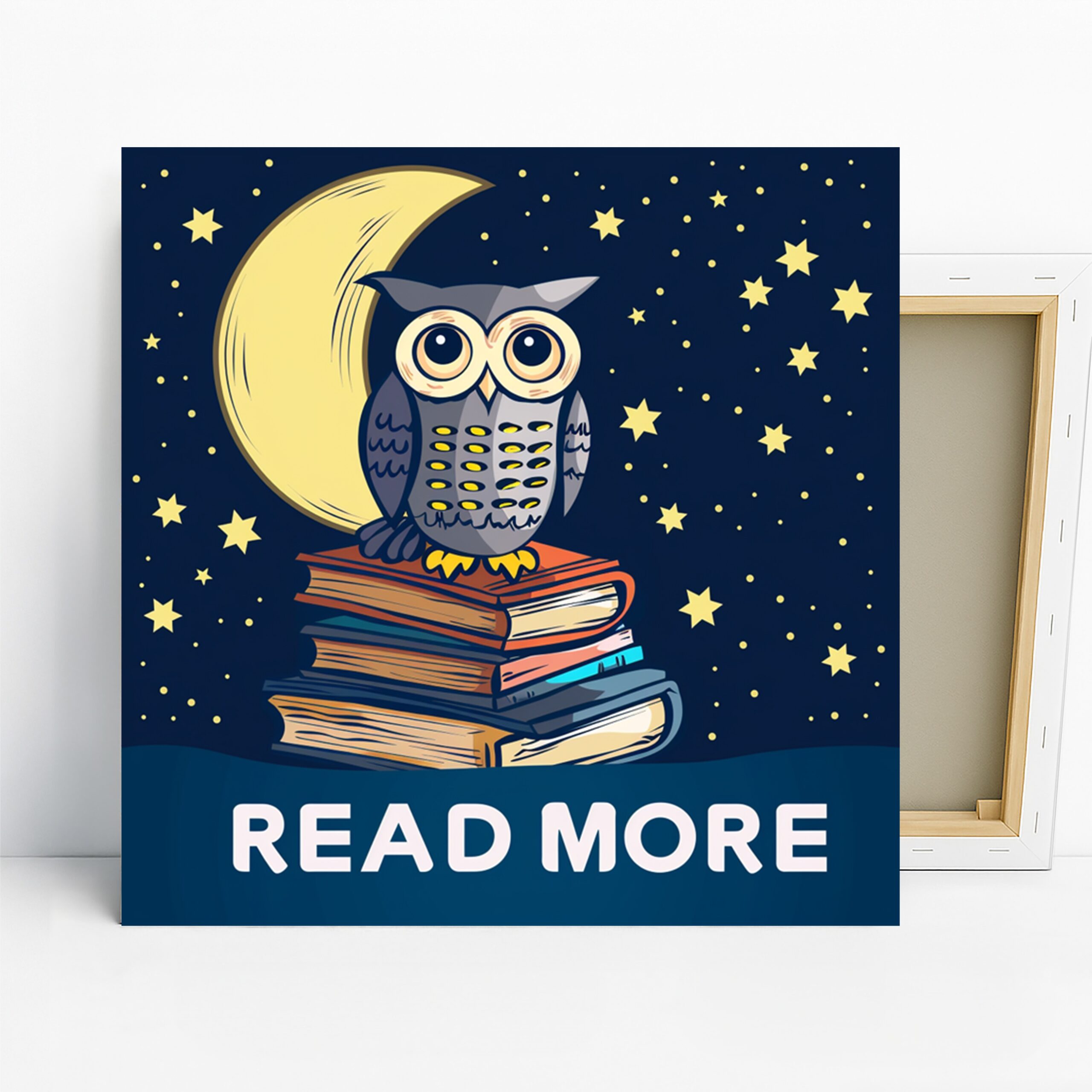 Owl Reading Books Art, Canvas or Poster, Whimsical Nature Decor, Children's Room Library Office Bedroom Wall Art, Blue Yellow Grey and White