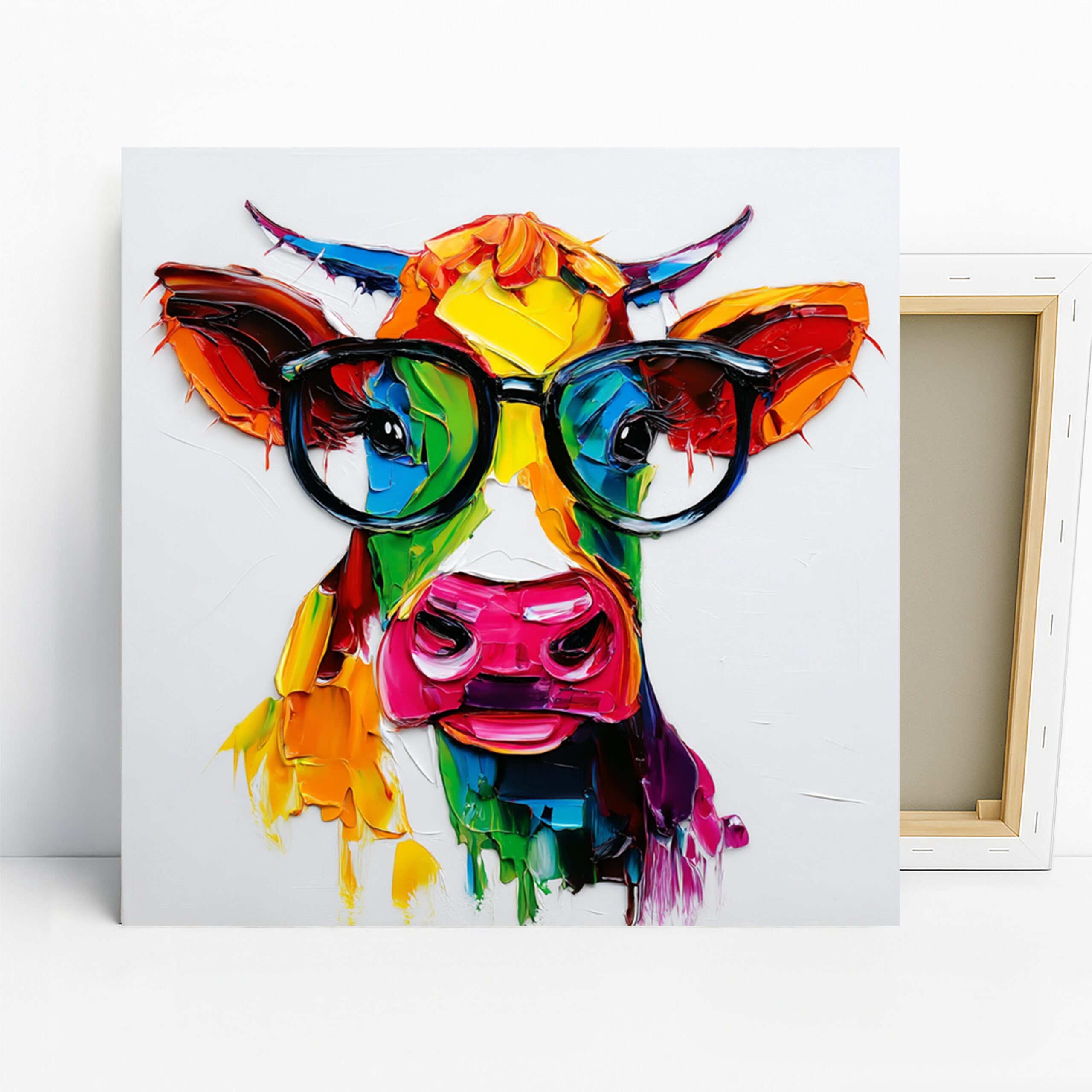 Colorful Cow Art, Canvas or Poster, Pop Art Eclectic Decor, Living Room Office Kitchen Children’s Room Wall Art, Multicolor Yellow Pink Blue