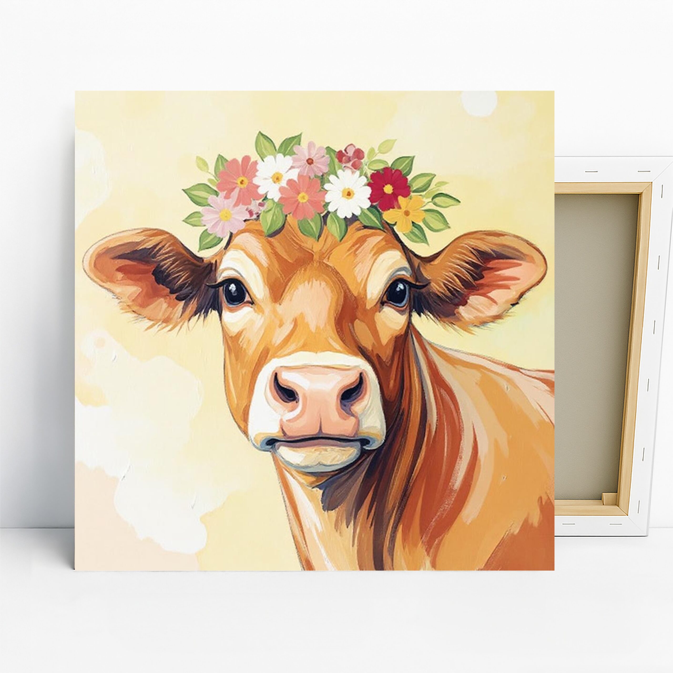 Cow Flower Crown Art, Canvas or Poster, Animal Whimsical Rustic Decor, Living Room Kitchen Bedroom Wall Art, Brown Green Red White