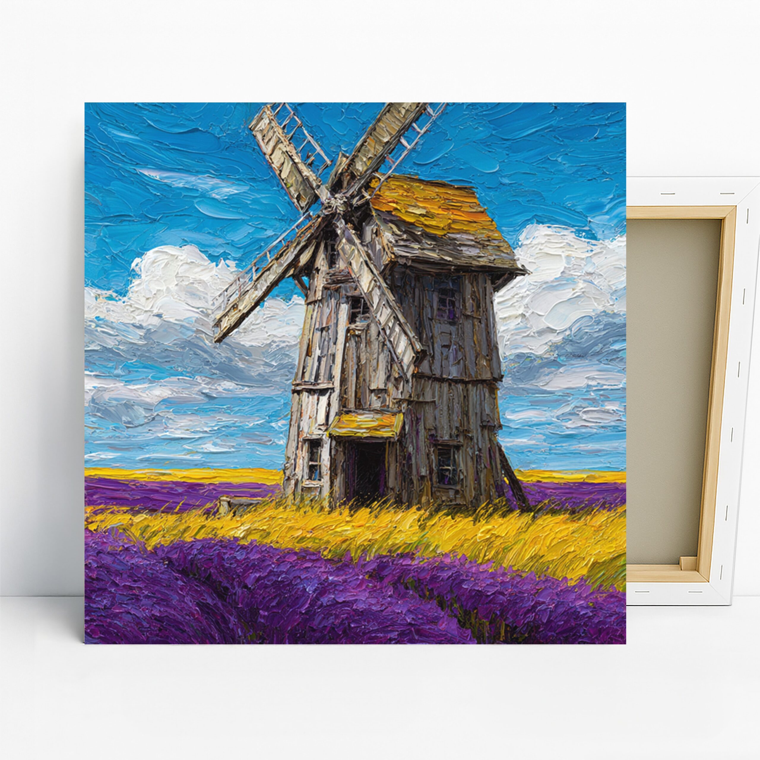 Windmill Lavender Field Art, Canvas or Poster, Impressionism Rustic Decor, Living Room Bedroom Office Wall Art, Blue Purple Yellow Brown