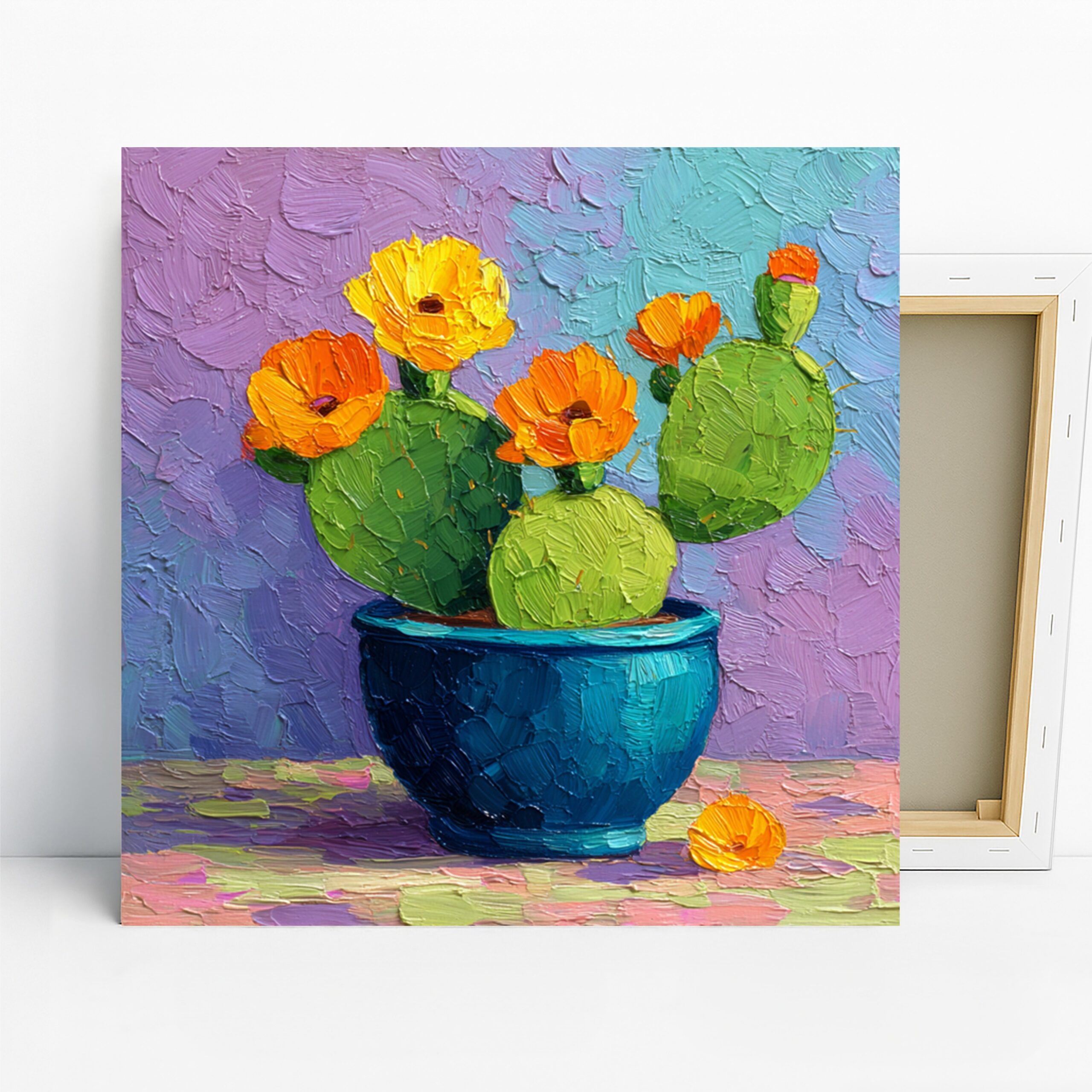 Cactus Bloom Art, Canvas or Poster, Still Life Modern Decor, Living Room Kitchen Dining Room Wall Art, Orange Green Blue Purple