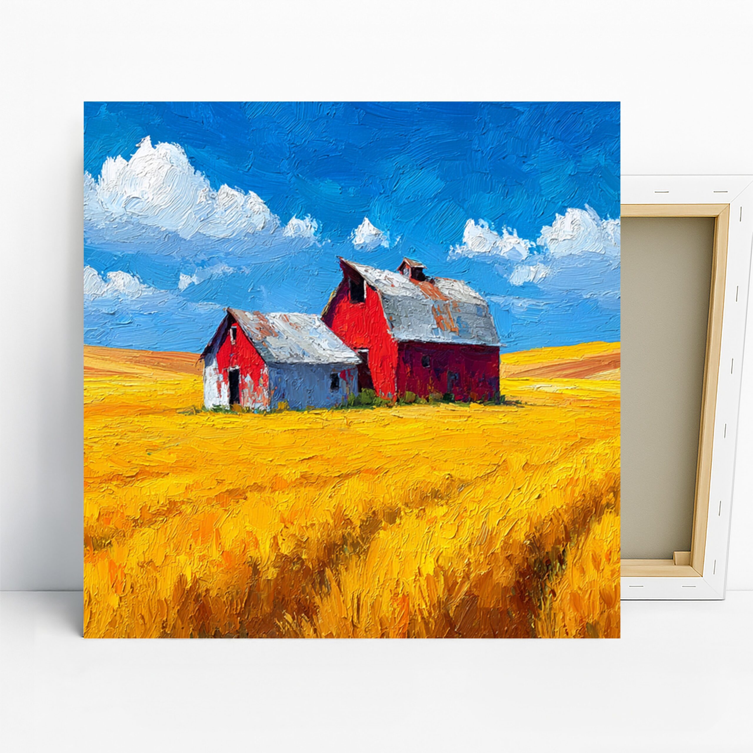Red Barn Wheat Field Art, Canvas or Poster, Impressionism Rustic Country Decor, Living Room Bedroom Office Wall Art, Red Yellow Blue White