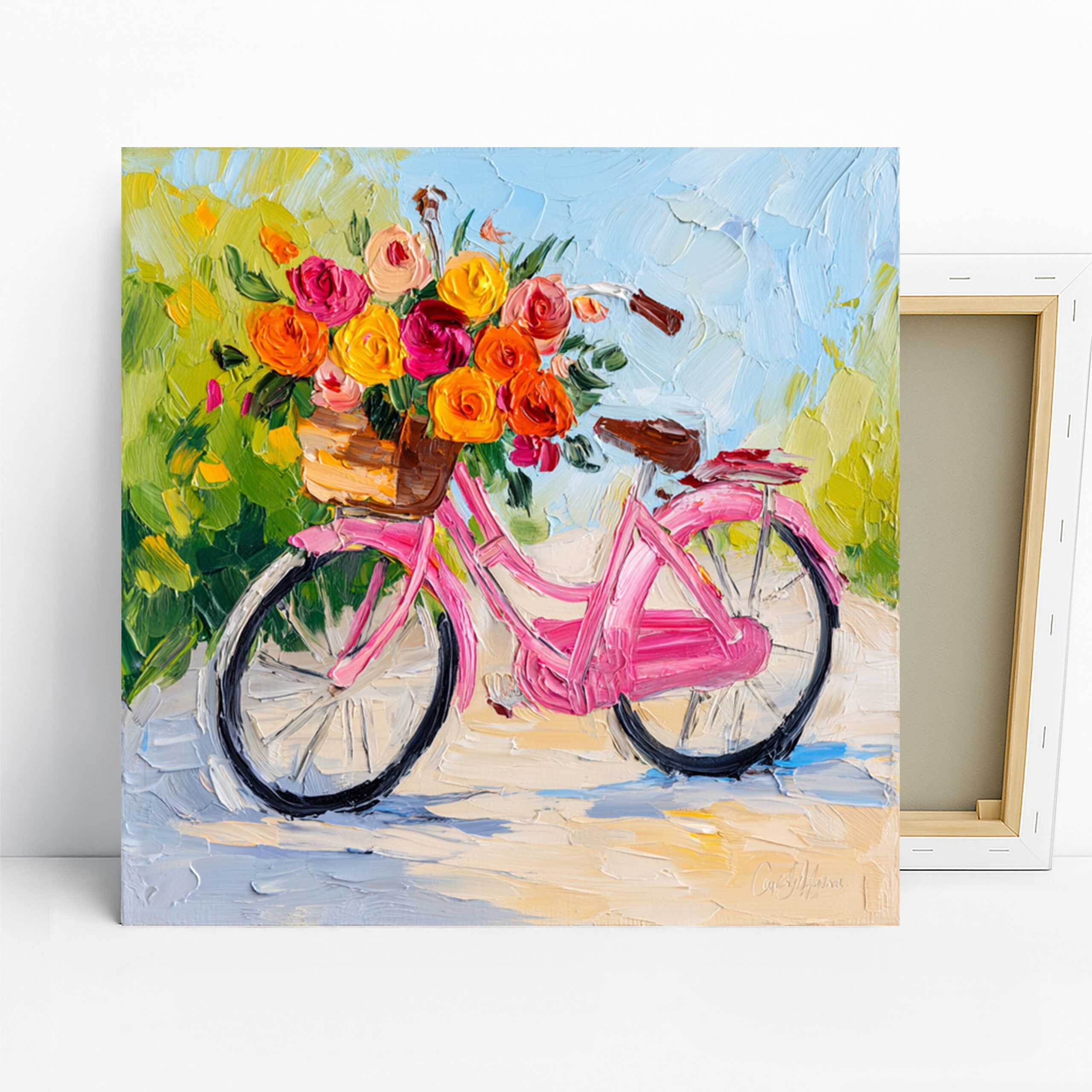 Bicycle Flower Basket Art, Poster or Canvas, Impressionism Shabby Chic Decor, Living Room Bedroom Entryway Wall Art,Pink Orange Yellow Green