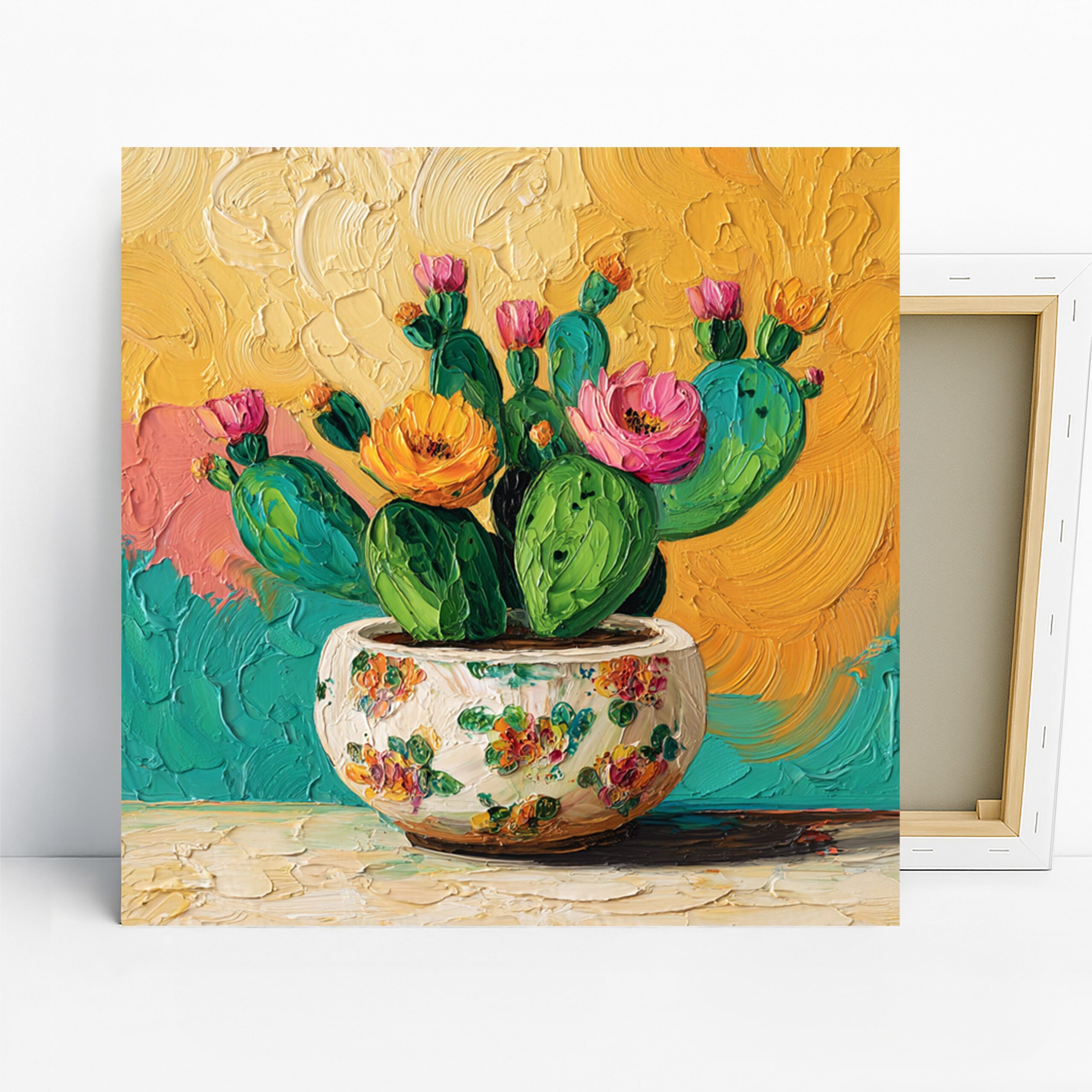 Blooming Cactus Art, Canvas or Poster, Floral Bohemian Decor, Living Room Dining Room Kitchen Sunroom Wall Art, Green Pink Yellow Turquoise