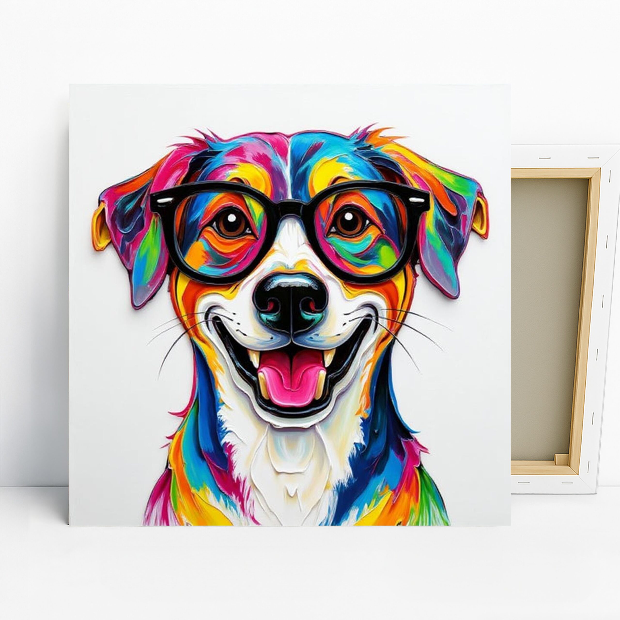 Colorful Dog Glasses Art, Canvas or Poster, Pop Art Whimsical Decor, Living Room Office Children Room Wall Art, Multicolor Blue Pink Yellow