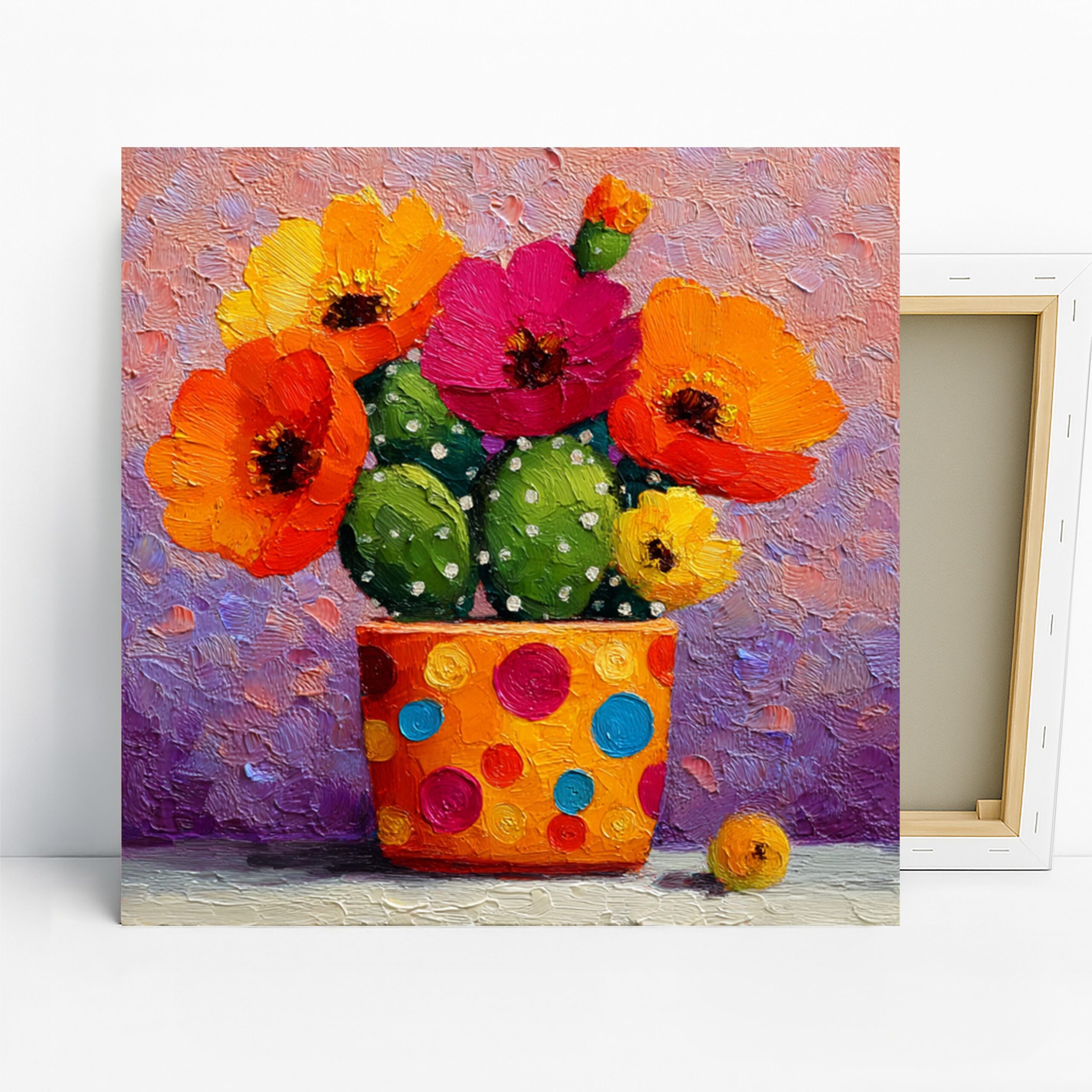 Vibrant Cactus Bloom Art, Canvas or Poster, Impressionism Bohemian Decor, Living Room Kitchen Bedroom Wall Art, Orange Pink Green Yellow