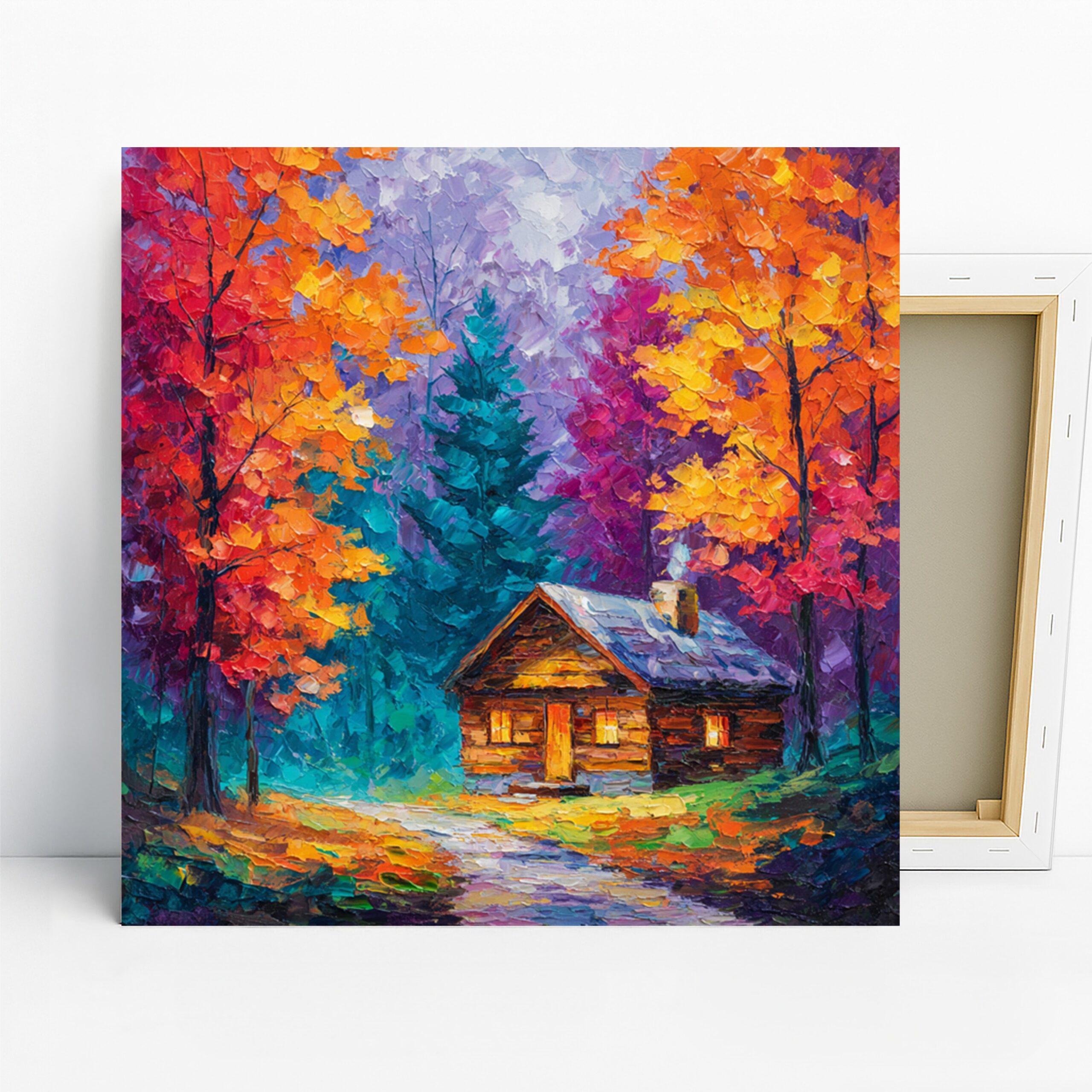 Vibrant Autumn Cabin Art, Canvas or Poster, Impressionism Rustic Decor, Living Room Bedroom Cabin Wall Art, Orange Purple Teal Yellow