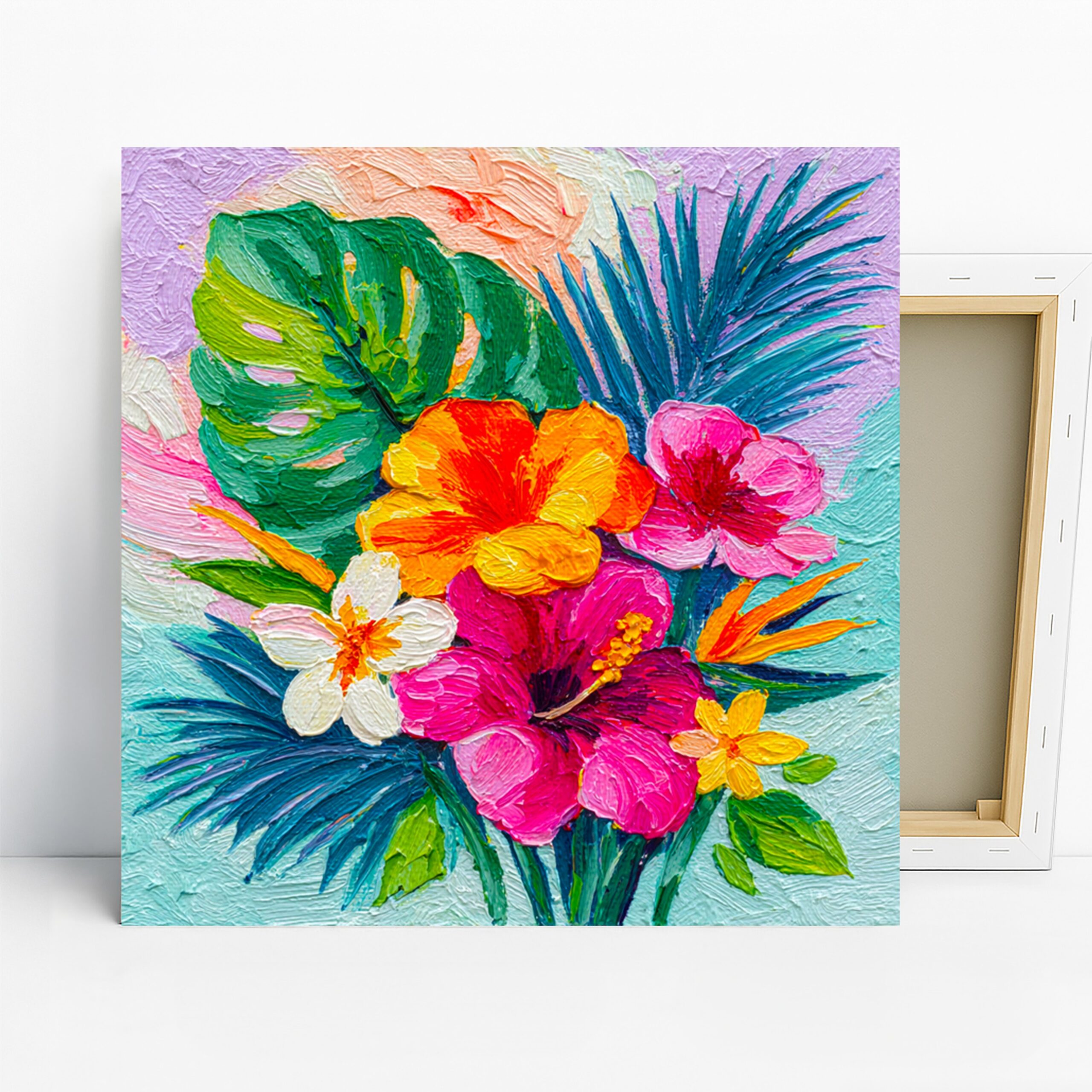 Tropical Hibiscus Art, Canvas or Poster, Floral Modern Decor, Living Room Bedroom Bathroom Sunroom Wall Art, Pink Green Blue and Orange