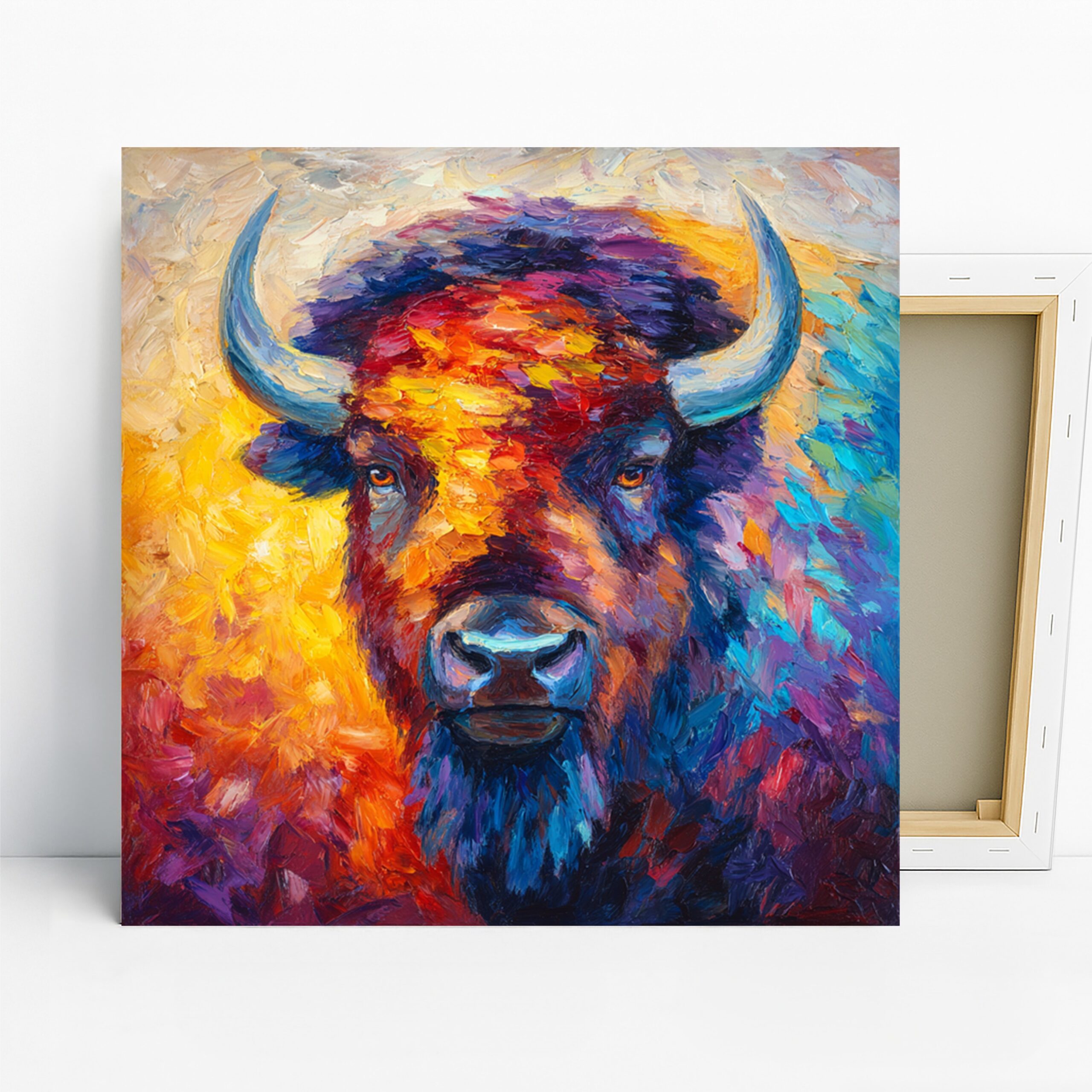 Bison Art, Canvas or Poster, Contemporary Bohemian Rustic Decor, Living Room Office Bedroom Dining Room Wall Art, Blue Red Yellow Purple
