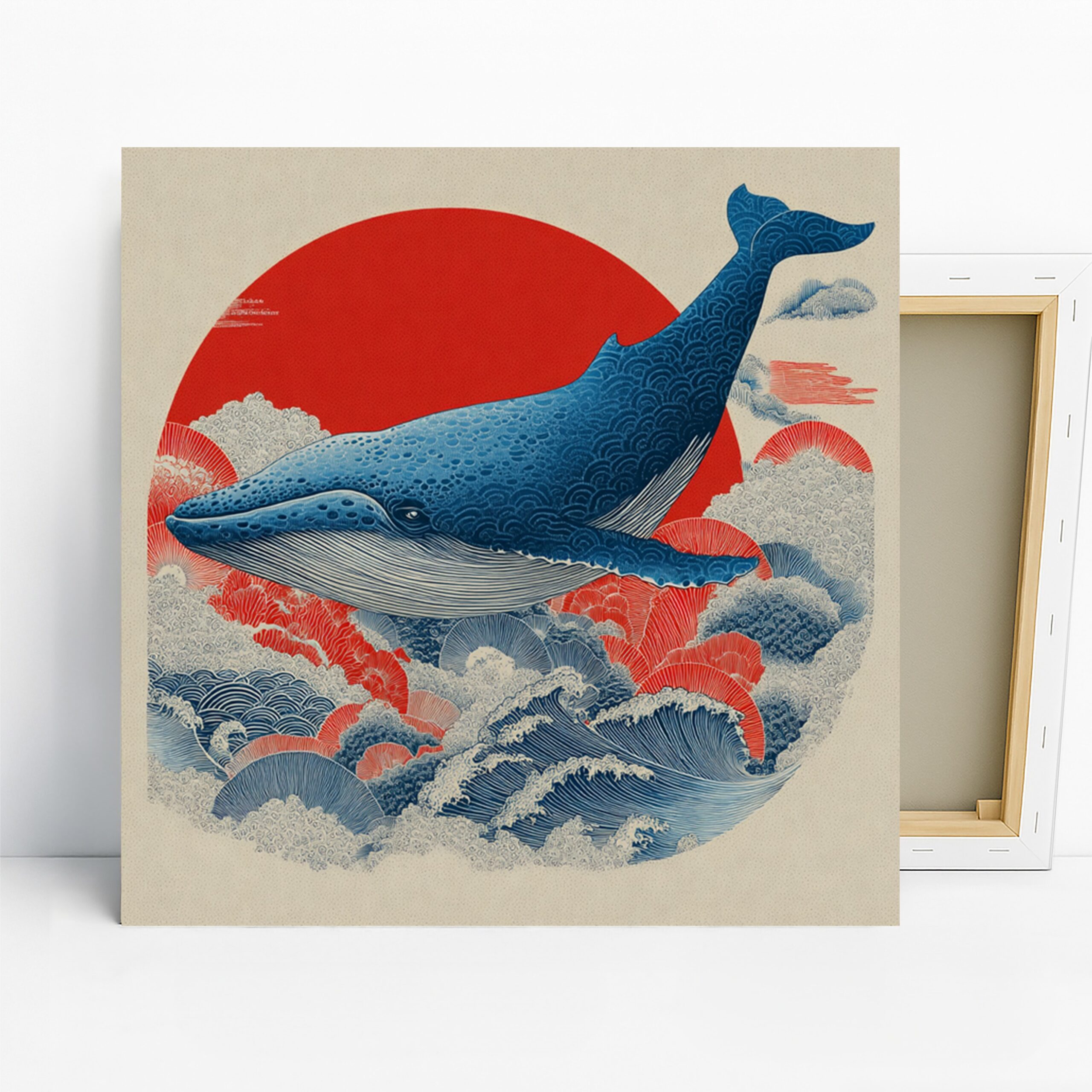 Whale Ocean Sunset Art, Canvas or Poster, Contemporary Nature Decor, Living Room Bedroom Office Bathroom Wall Art, Blue Red White