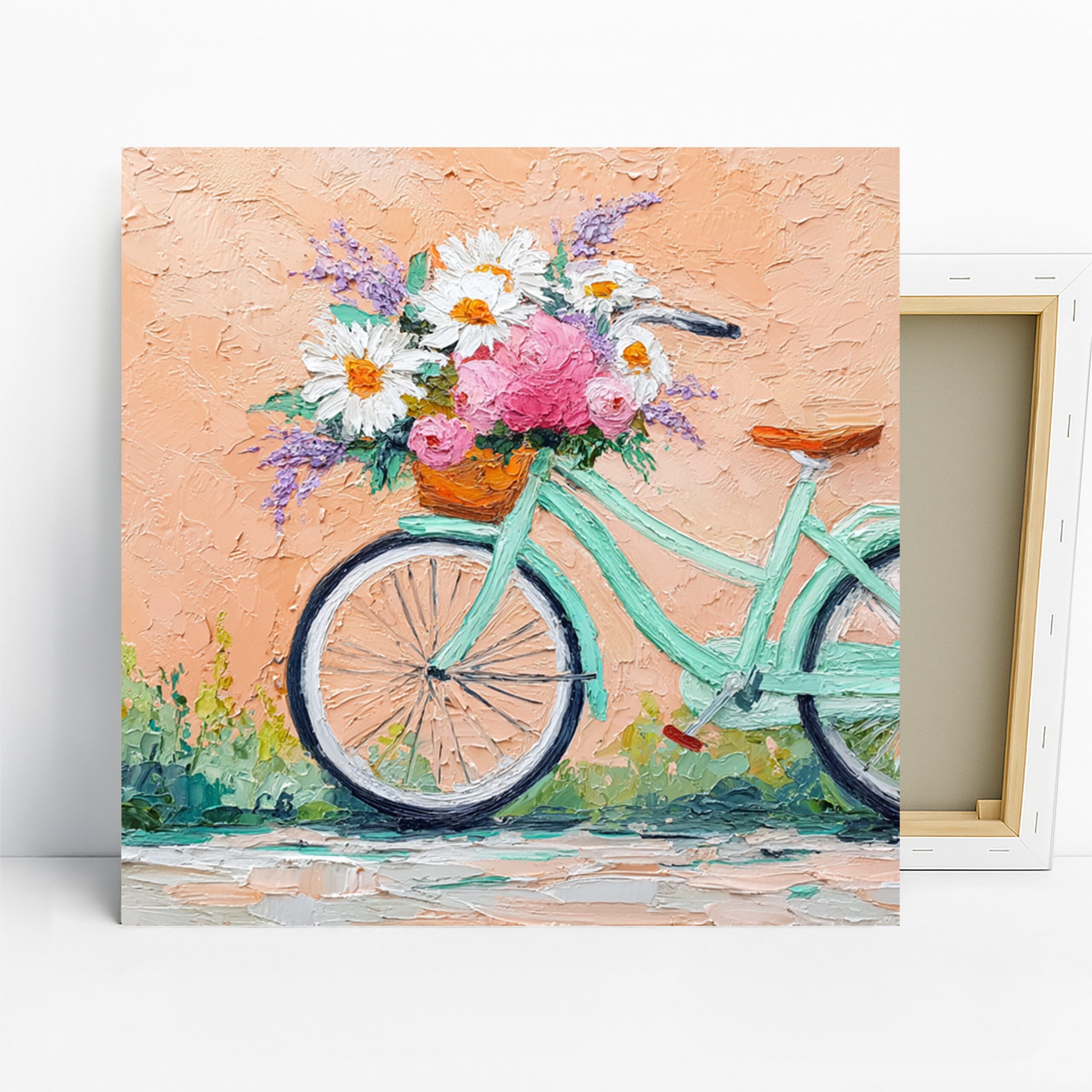 Bicycle Flower Basket Art, Canvas or Poster, Floral Vintage Rustic Decor, Living Room Bedroom Entryway Wall Art, Pink White Green Purple