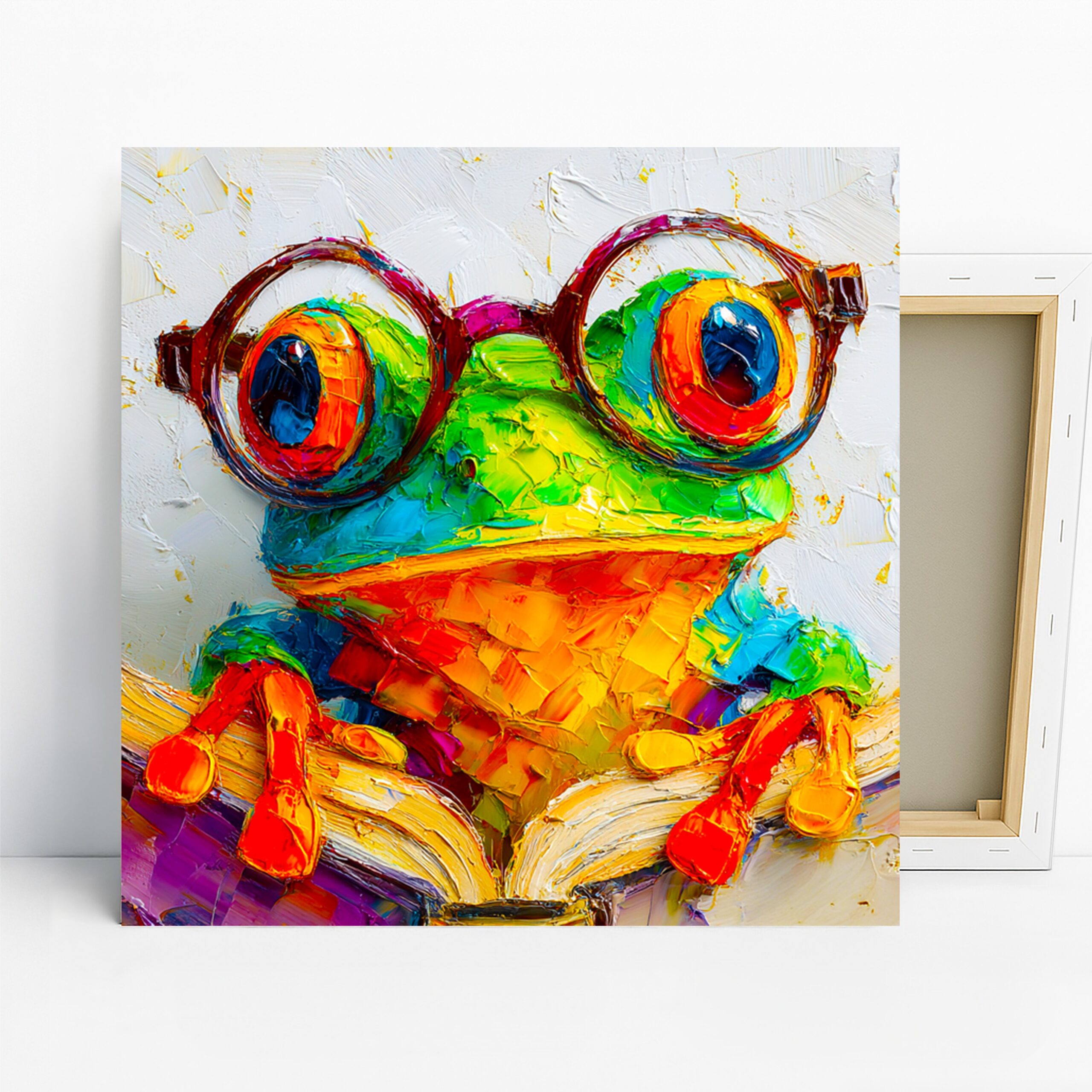 Frog Art, Canvas or Poster, Whimsical Contemporary Decor, Living Room Children’s Room Bedroom Office Wall Art, Green Orange Blue Red