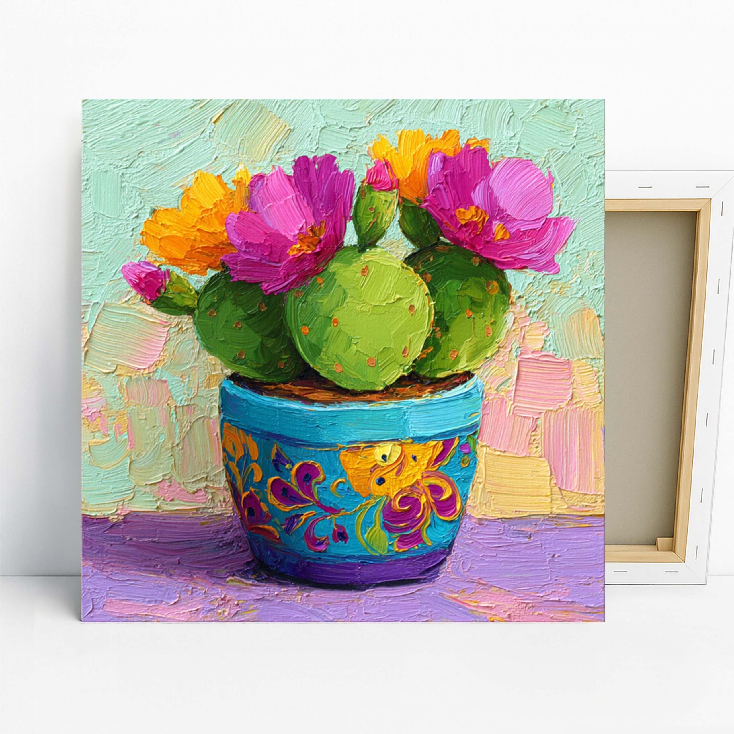 Cactus Bloom Art, Canvas or Poster, Floral Bohemian Decor, Living Room Bedroom Office Wall Art, Pink Green Blue Yellow