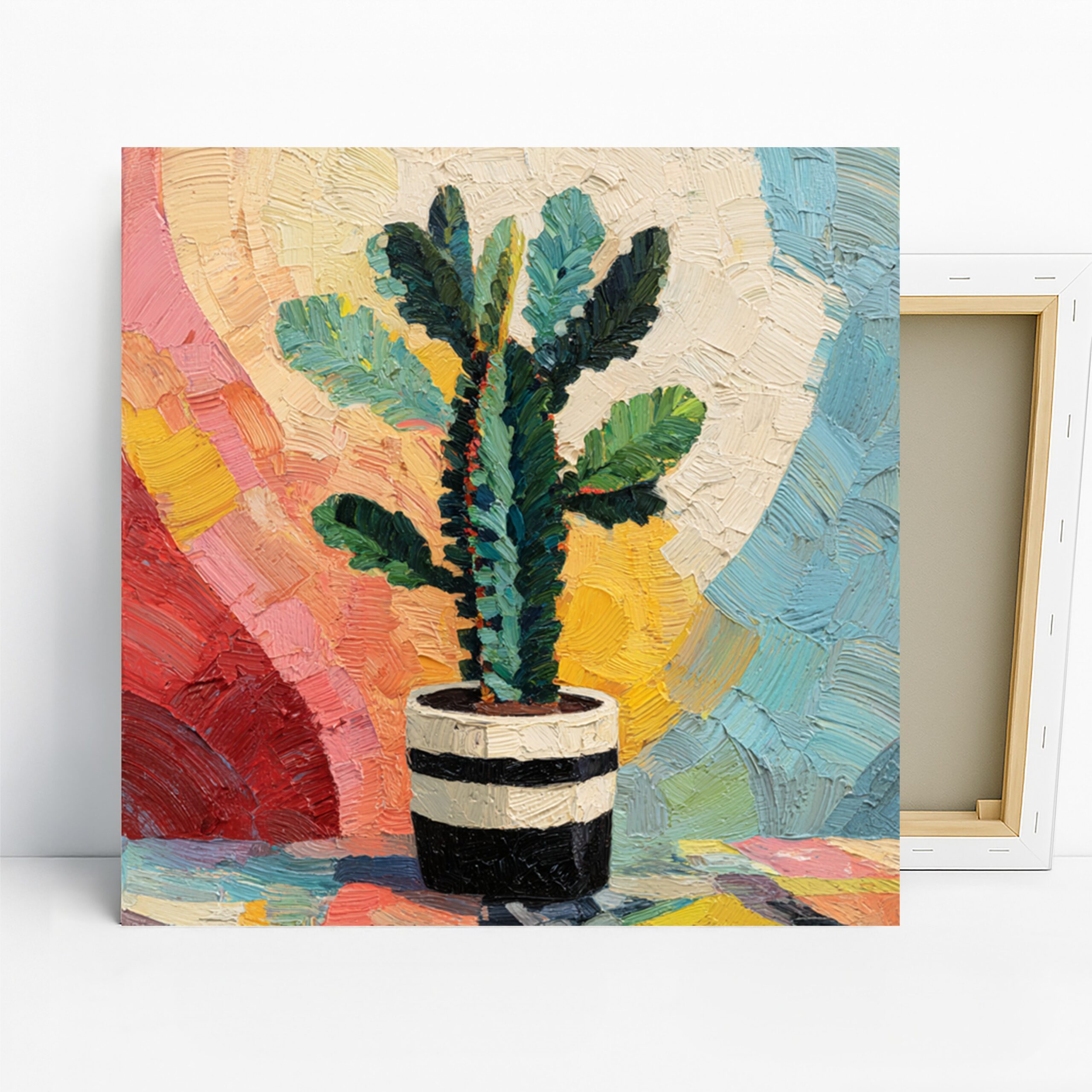 Vibrant Cactus Art, Canvas or Poster, Impressionism Modern Decor, Living Room Bedroom Office Dining Room Wall Art, Green Yellow Blue Red