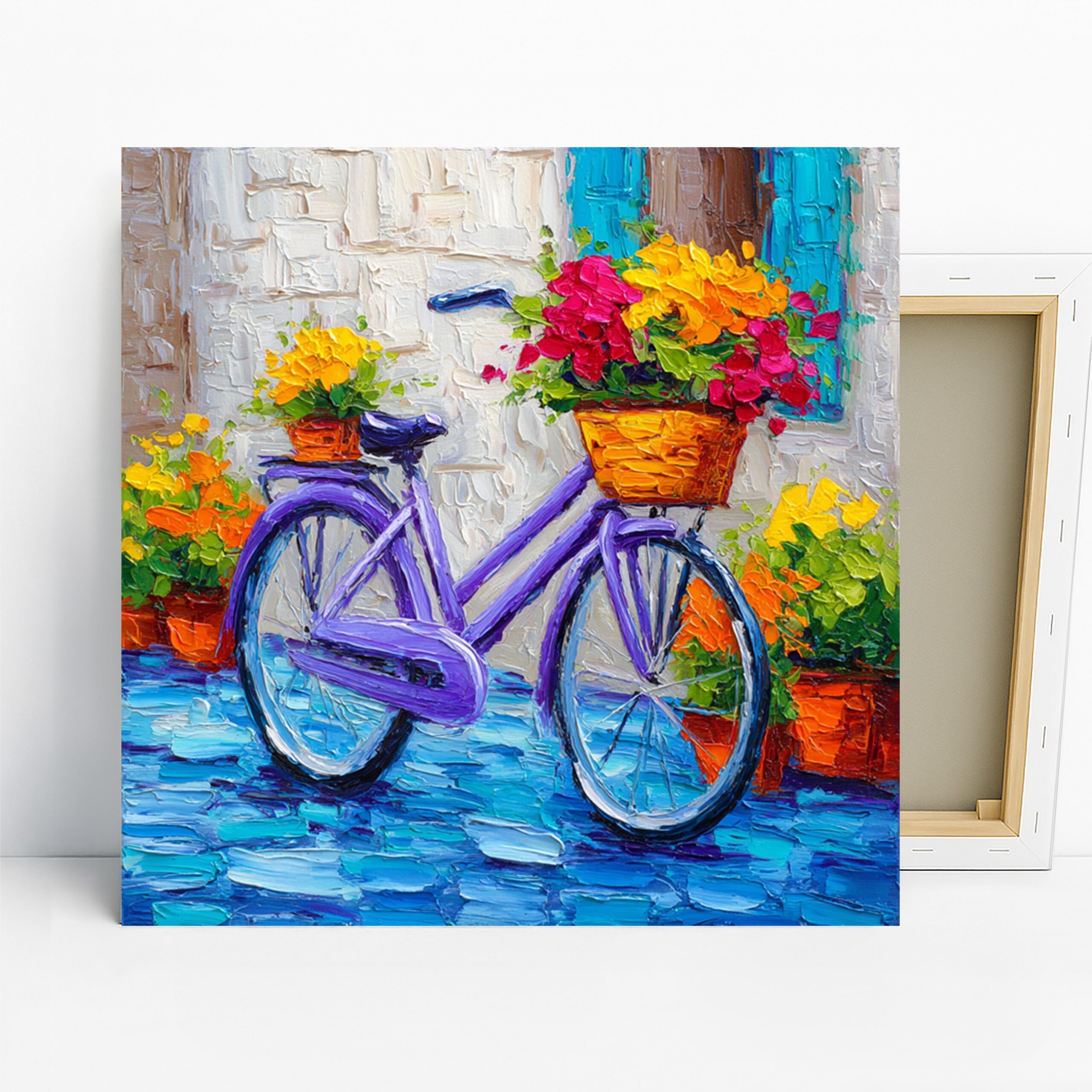 Bicycle Flower Basket Art, Canvas or Poster, Impressionism Bohemian Rustic Decor, Living Room Bedroom Wall Art, Purple Blue Red Yellow