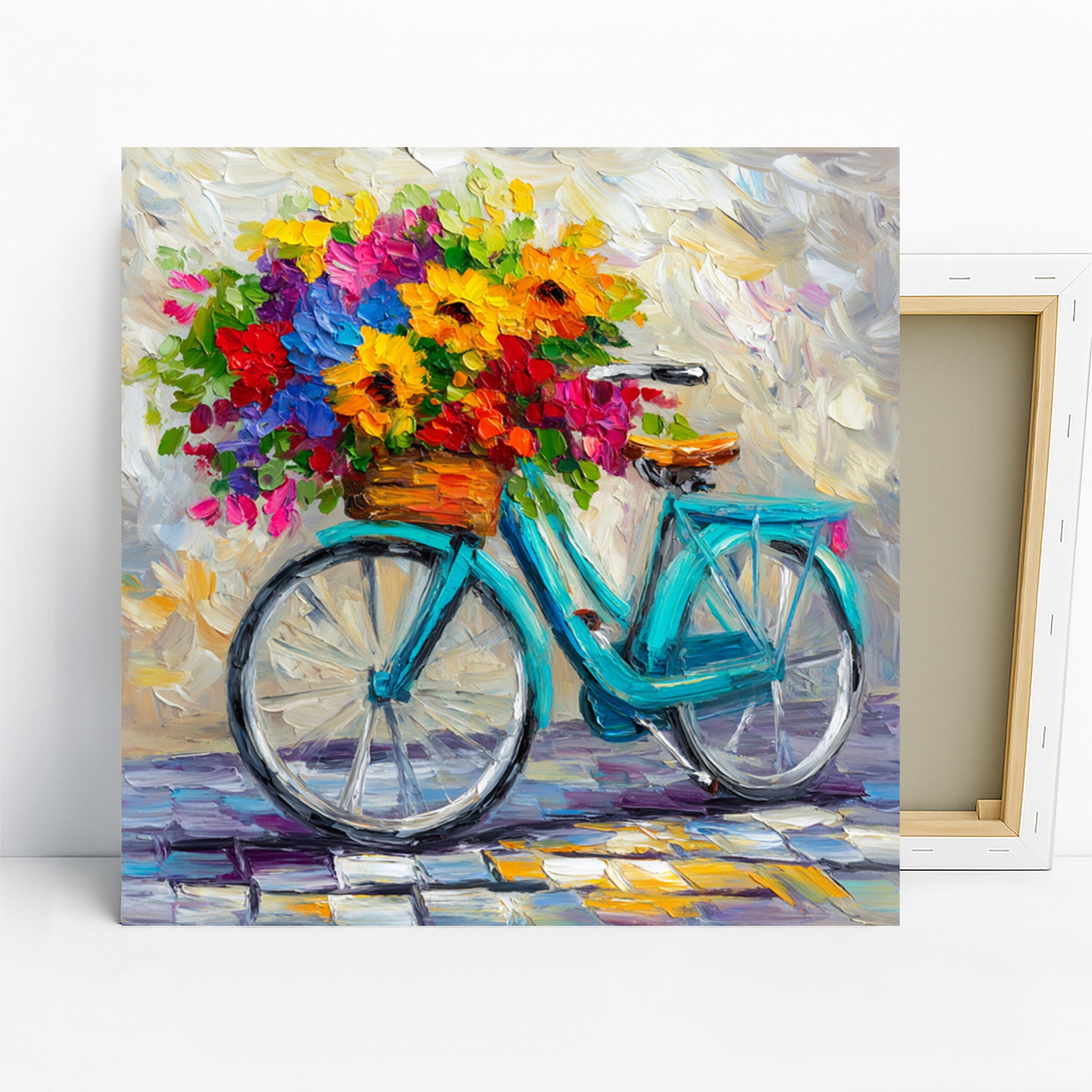 Bicycle Flower Basket Art, Canvas or Poster, Impressionism Bohemian Decor, Living Room Bedroom Entryway Wall Art, Blue Yellow Pink Green