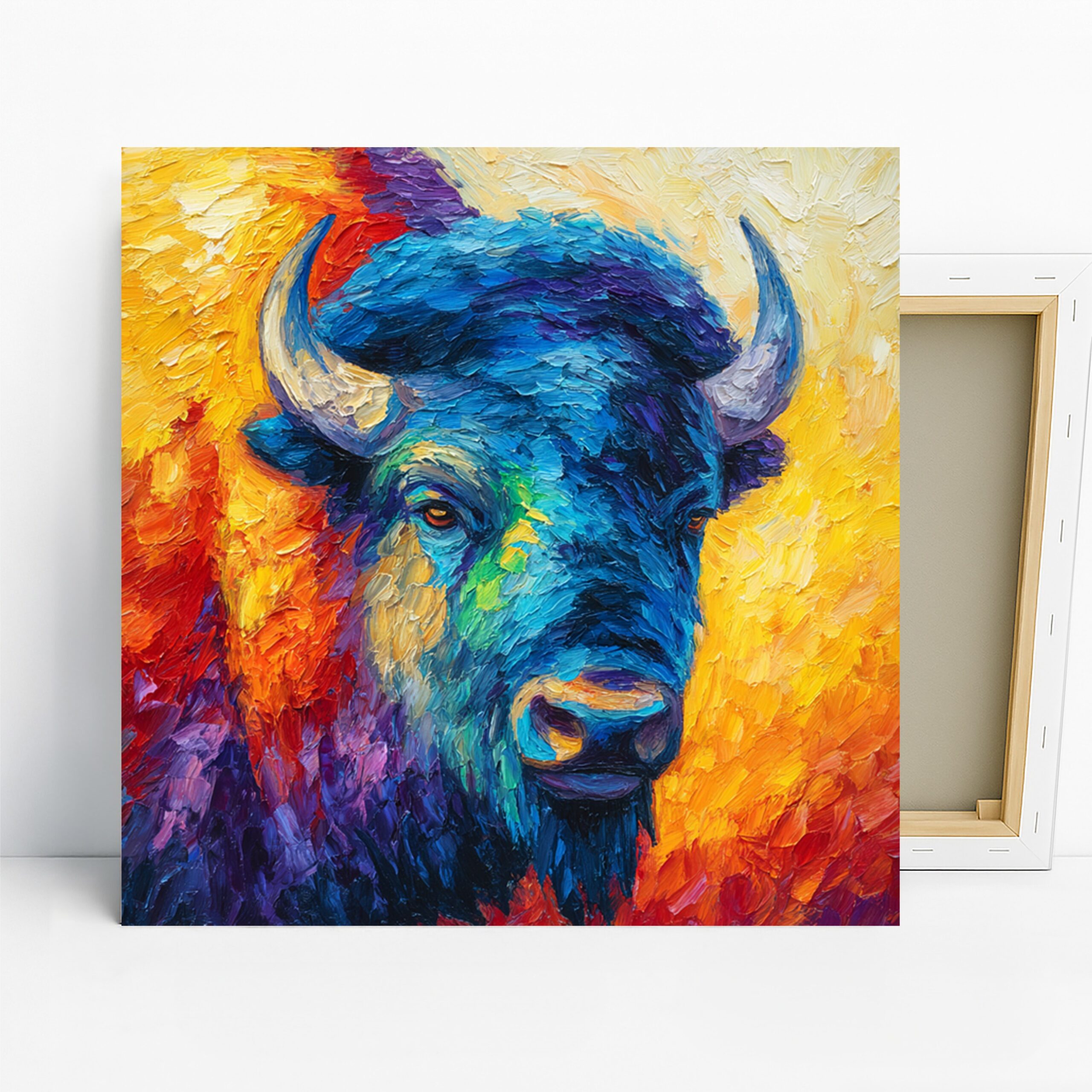 Bison Art, Canvas or Poster, Contemporary Rustic Bohemian Decor, Living Room Office Bedroom Wall Art, Blue Yellow Red Purple Vibrant