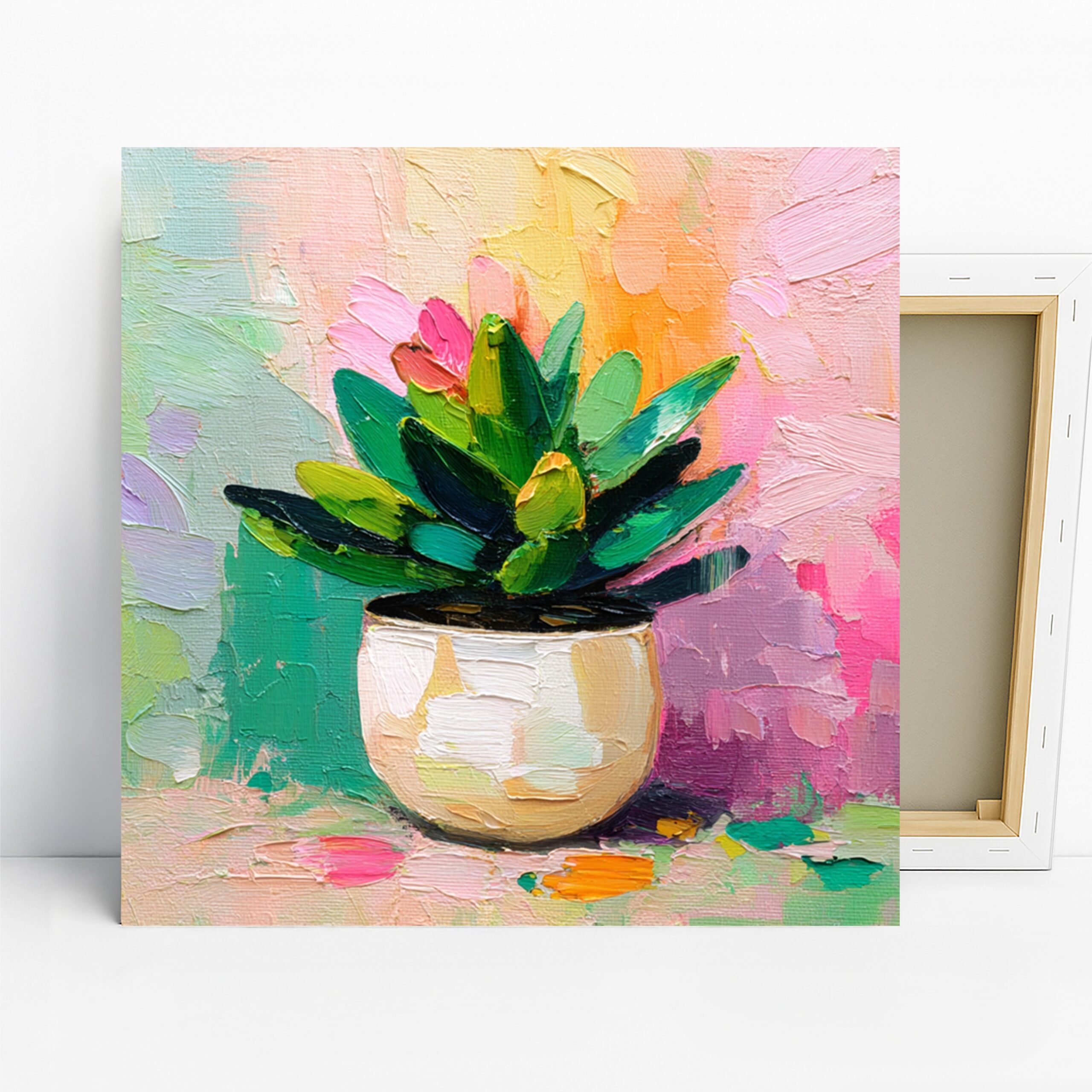 Succulent Burst Art, Canvas or Poster, Contemporary Minimalist Decor, Living Room Bedroom Office Wall Art, Green Pink White Yellow