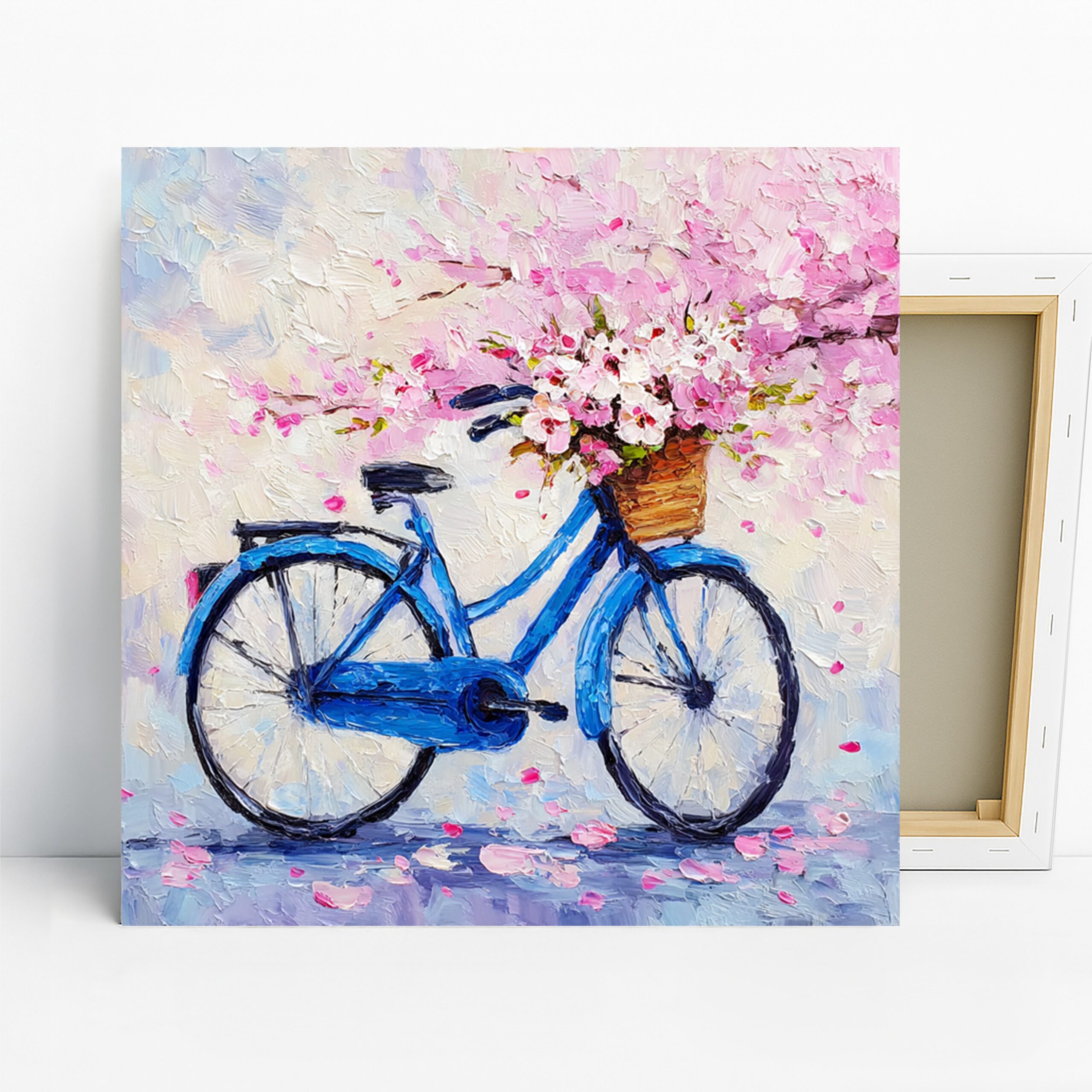 Blooming Bicycle Art, Canvas or Poster, Impressionism Rustic Decor, Living Room Bedroom Entryway Wall Art, Blue Pink White Brown