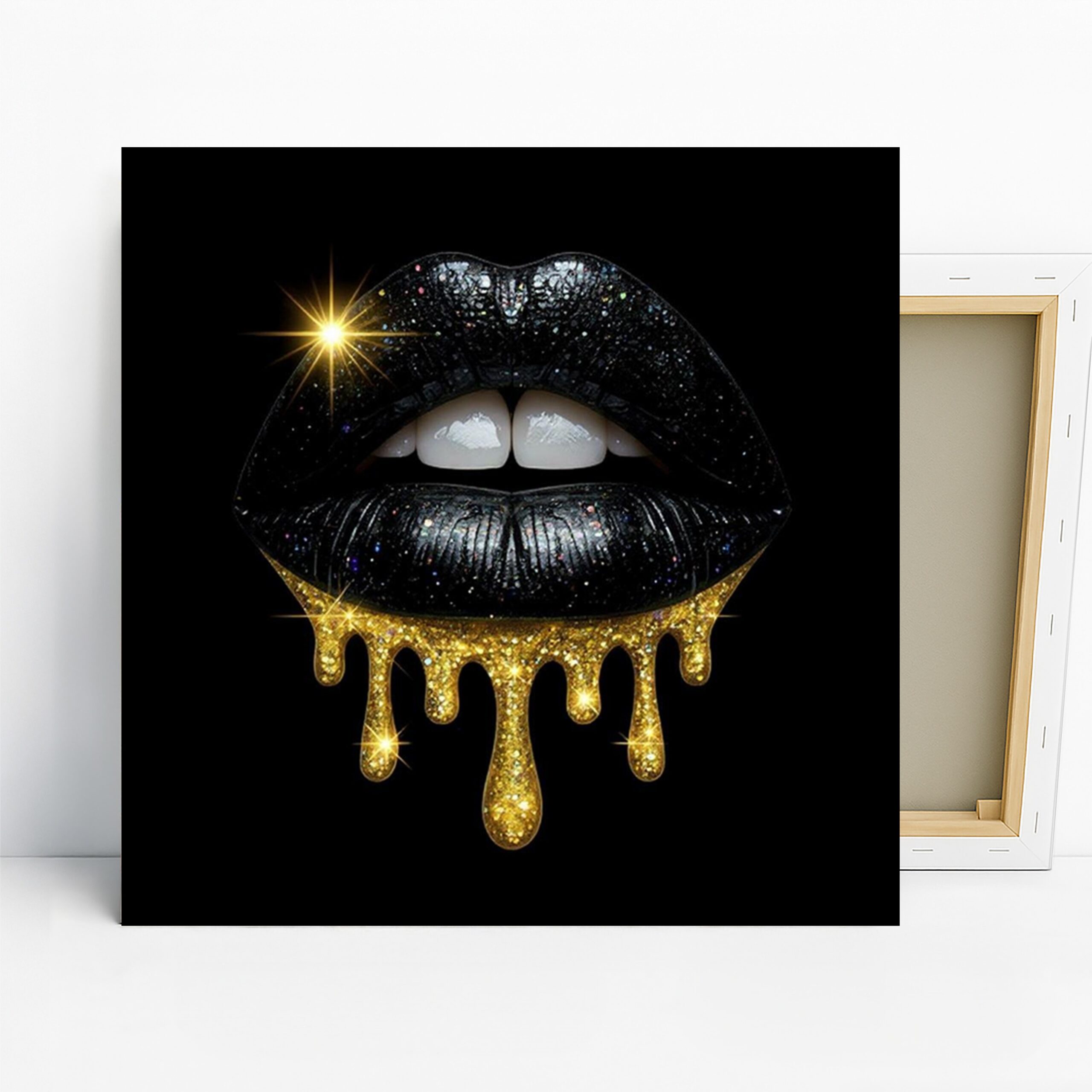 Cosmic Lips Art, Canvas or Poster, Pop Art Glam Decor, Bedroom Living Room Bathroom Wall Art, Black Gold White, Modern Surrealism Art