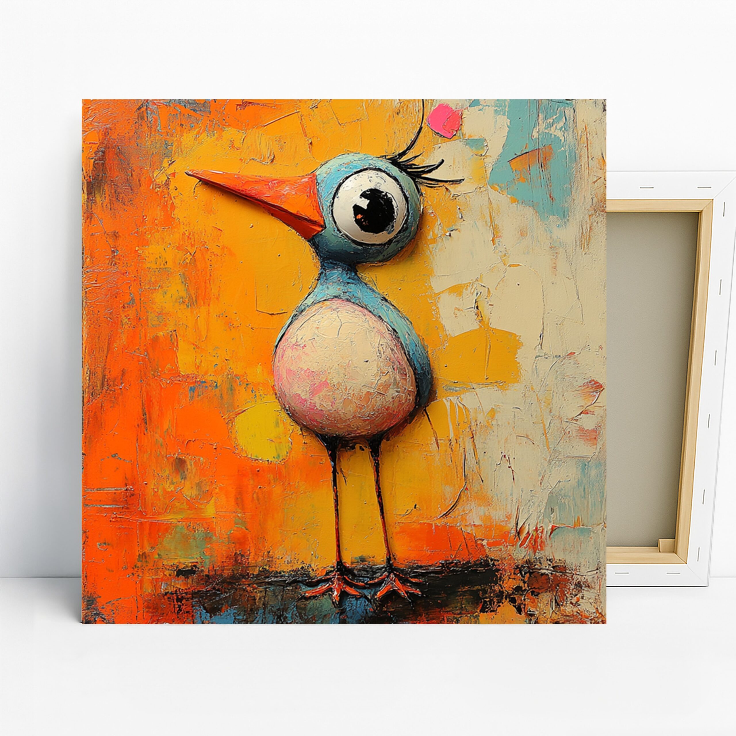 Quirky Bird Art, Canvas or Poster, Whimsical Modern Decor, Living Room Children’s Room Nursery Office Wall Art, Orange Blue Yellow Pink