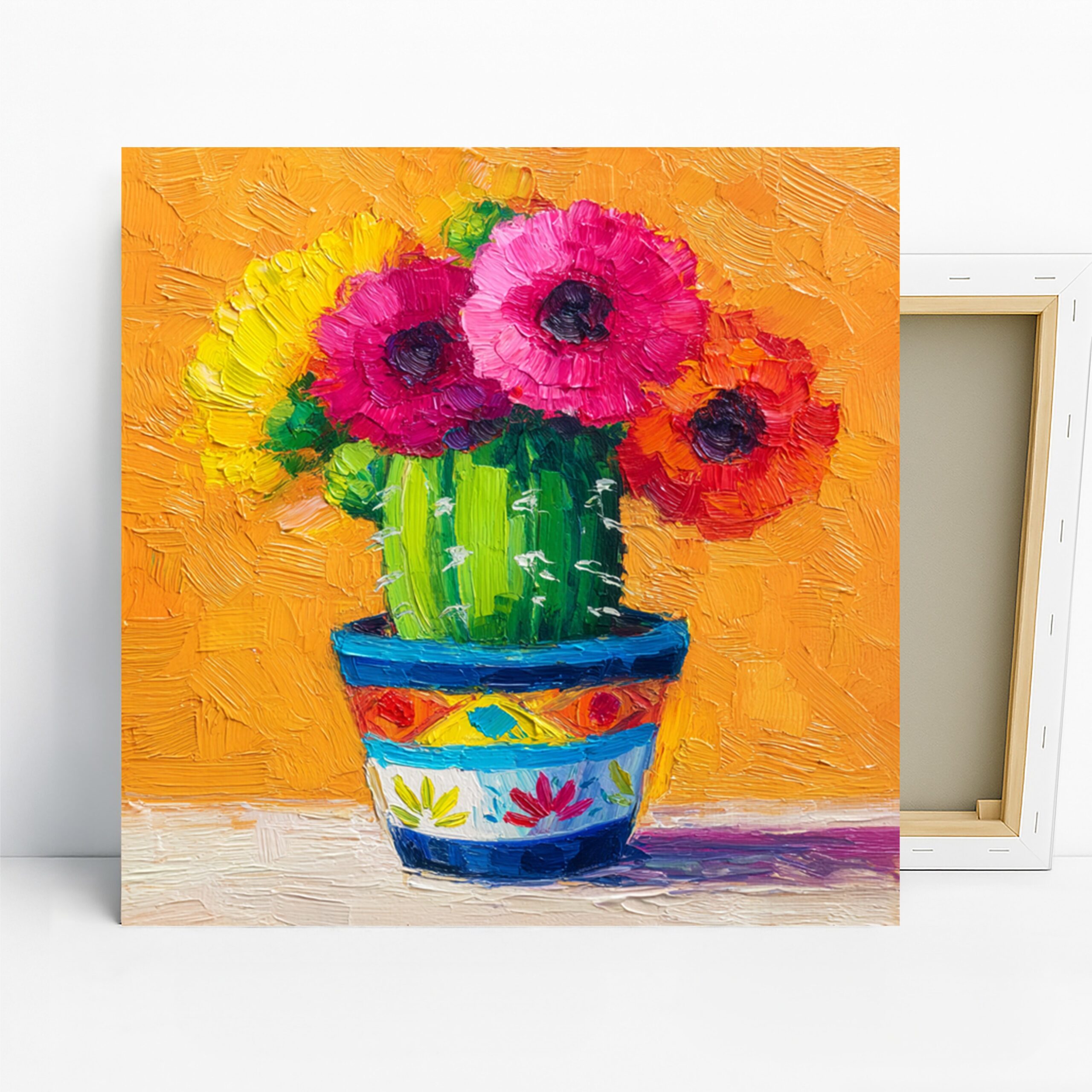 Vibrant Cactus Bloom Art, Canvas or Poster, Floral Impressionism Rustic Decor, Living Room Kitchen Bedroom Wall Art,Pink Yellow Green Orange