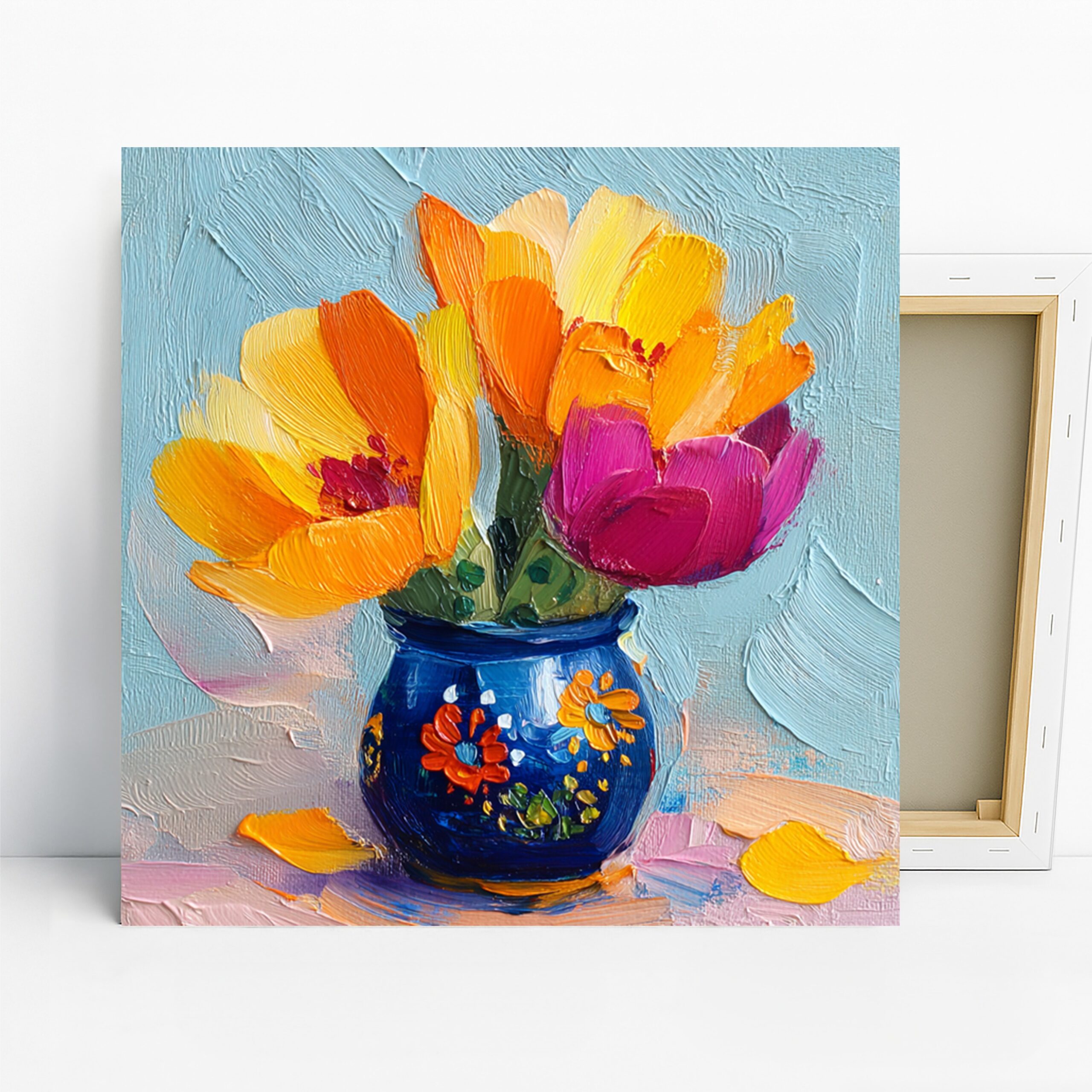 Vibrant Tulips in Blue Vase Art, Canvas or Poster, Bohemian Decor, Living Room Dining Bedroom Kitchen Wall Art, Orange Yellow Pink Blue