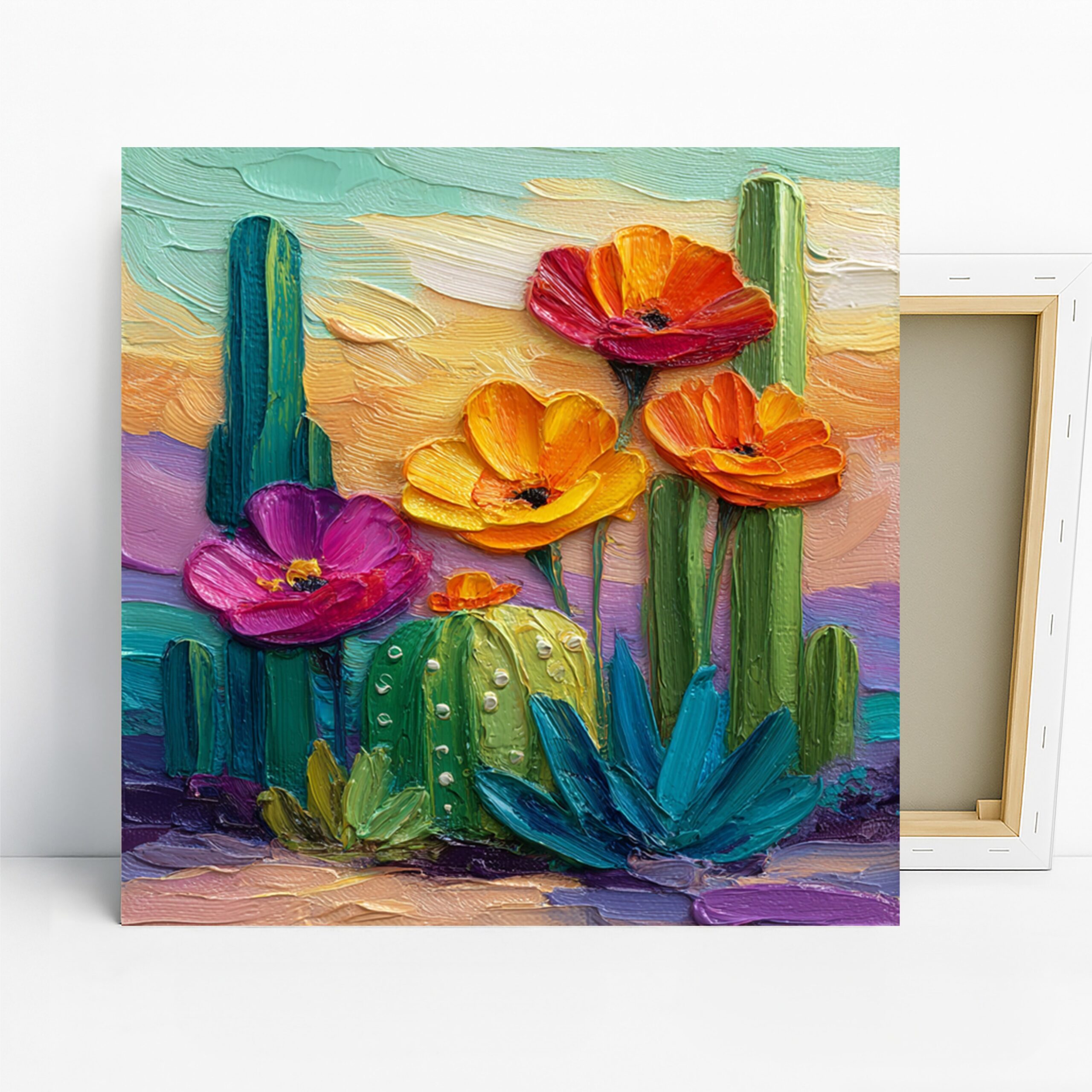 Desert Bloom Art, Canvas or Poster, Floral Nature Decor, Living Room Bedroom Dining Office Wall Art, Orange Purple Green Turquoise
