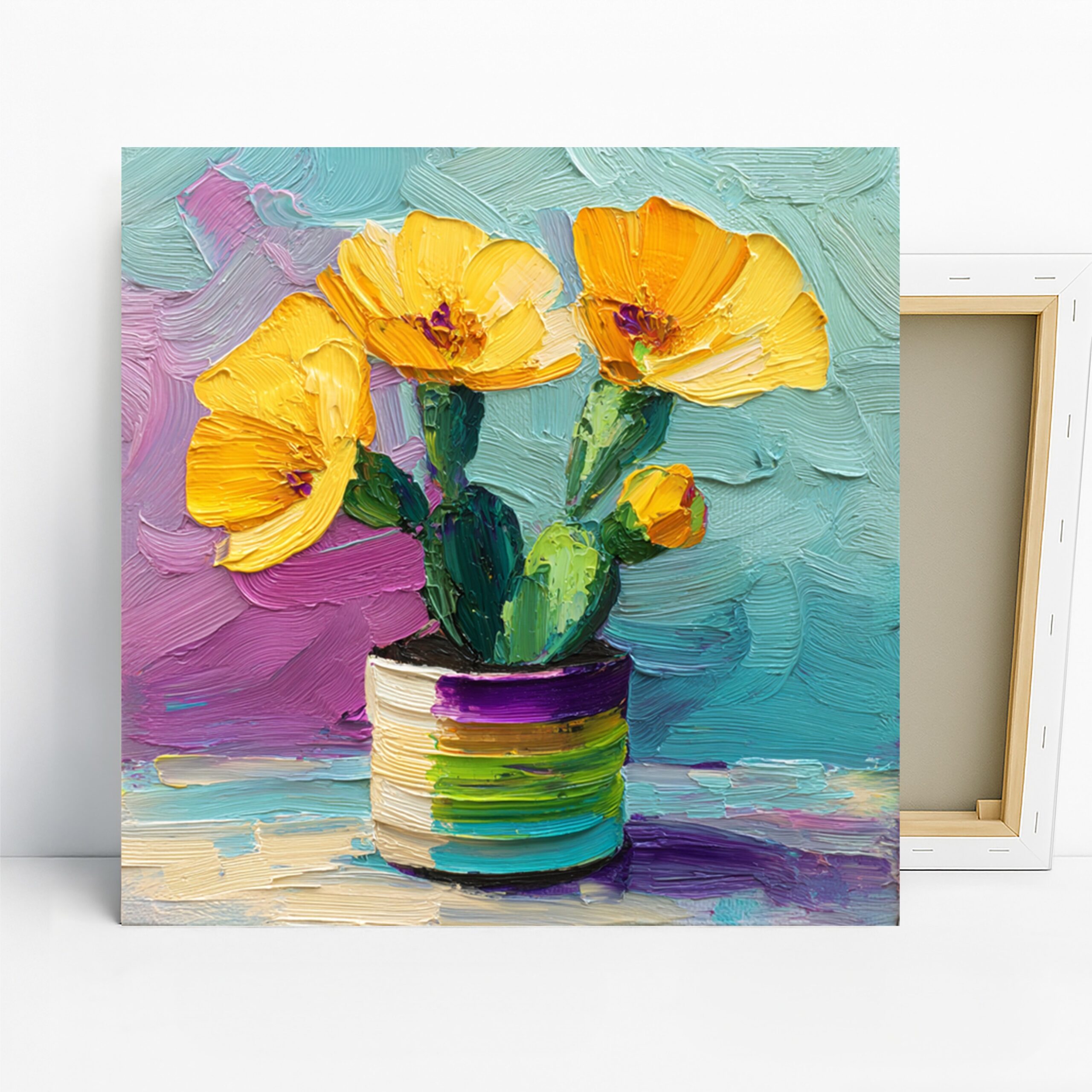 Vibrant Cactus Bloom Art, Canvas or Poster, Floral Contemporary Decor, Living Room Bedroom Office Wall Art, Yellow Green Purple Teal