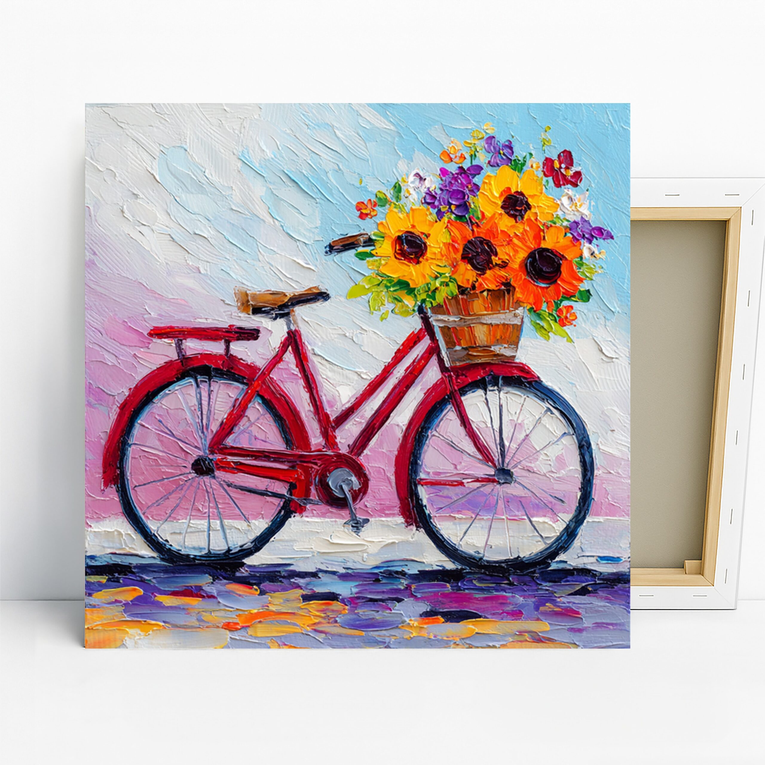 Sunflower Bicycle Art, Canvas or Poster, Impressionism Rustic Decor, Living Room Bedroom Entryway Wall Art, Red Yellow Blue Orange