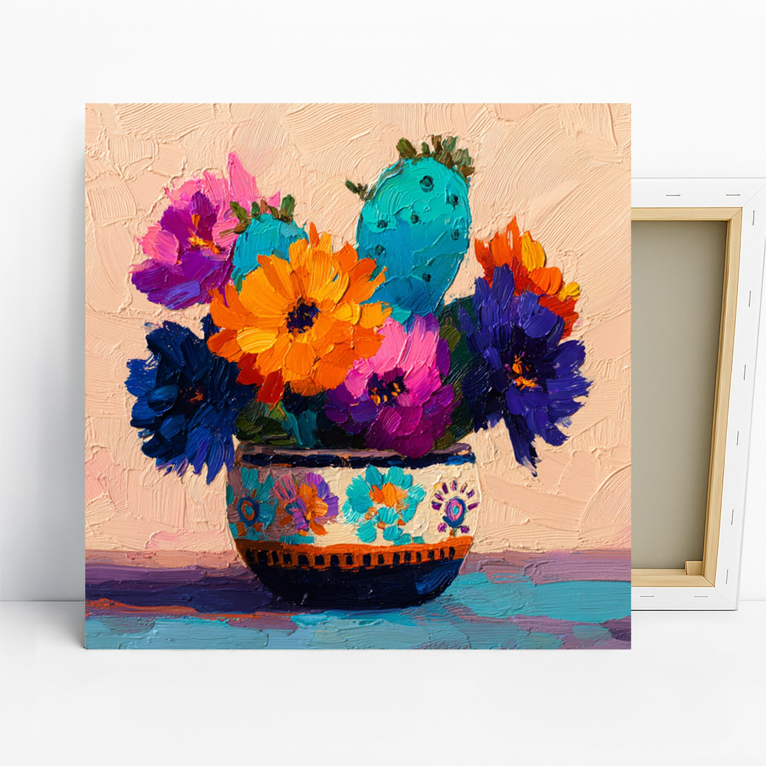 Vibrant Cactus Bouquet Art, Canvas or Poster, Contemporary Floral Decor, Living Room Bedroom Kitchen Wall Art, Blue Orange Purple Pink