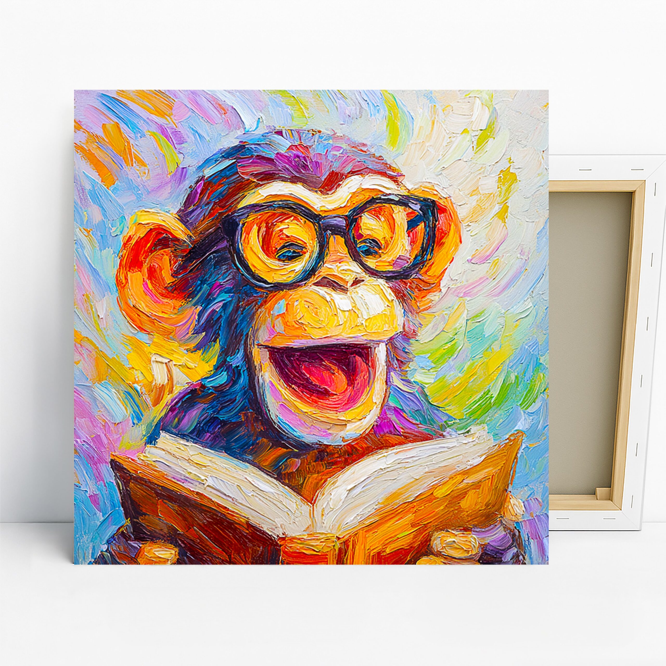 Monkey Reading Art, Canvas or Poster, Whimsical Pop Art Decor, Office Living Room Children’s Room Wall Art, Orange Blue Purple Yellow