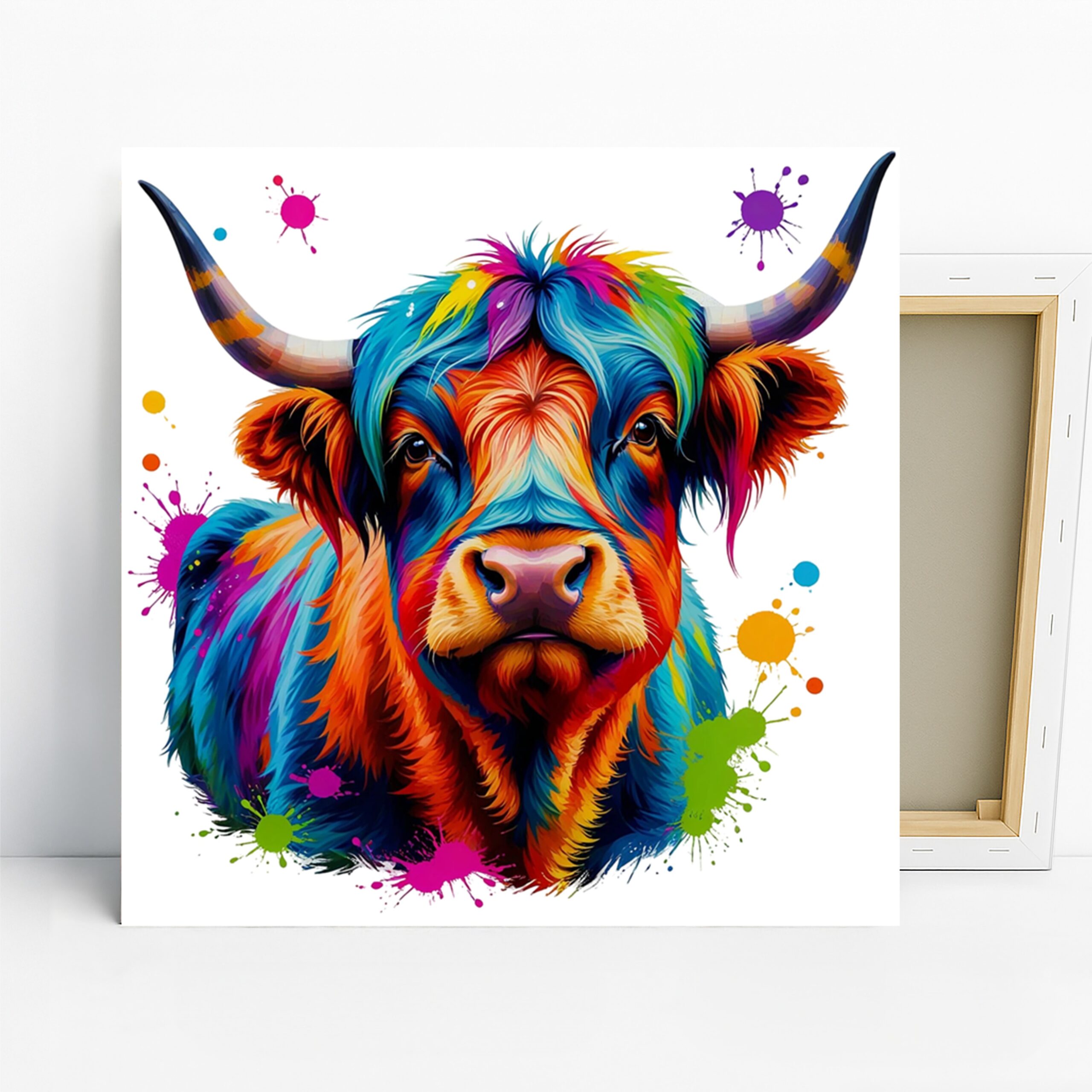 Highland Cow Art, Canvas or Poster, Whimsical Contemporary Decor, Living Room Bedroom Children Room Wall Art, Multicolor Blue Orange Purple